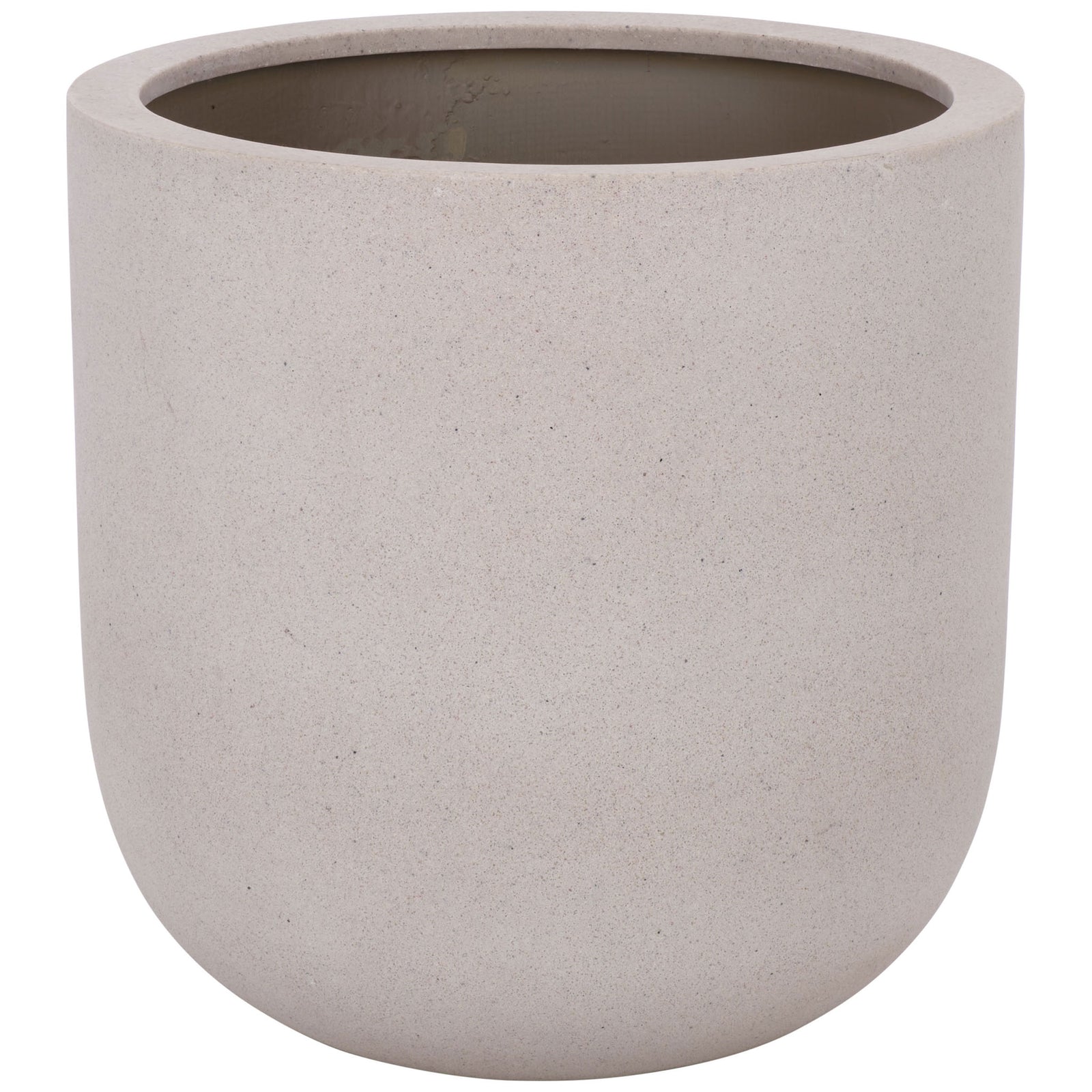 Low, wide beige fiberstone planter with a generous opening and curved silhouette || PAT1401B || front_studio