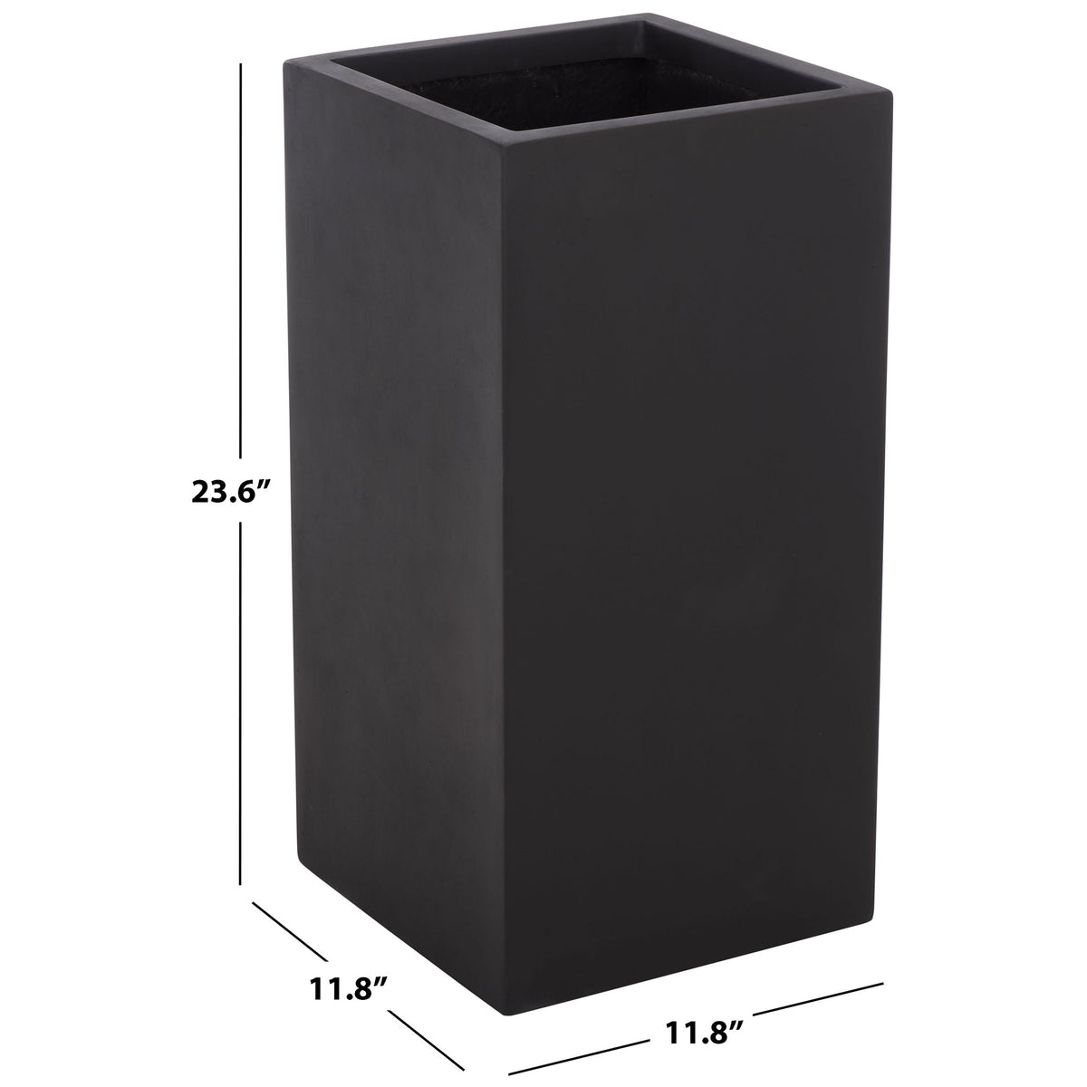 Tall black square planter measures 11.8 inches wide and deep by 23.6 inches high || PAT1402A || dimension_studio