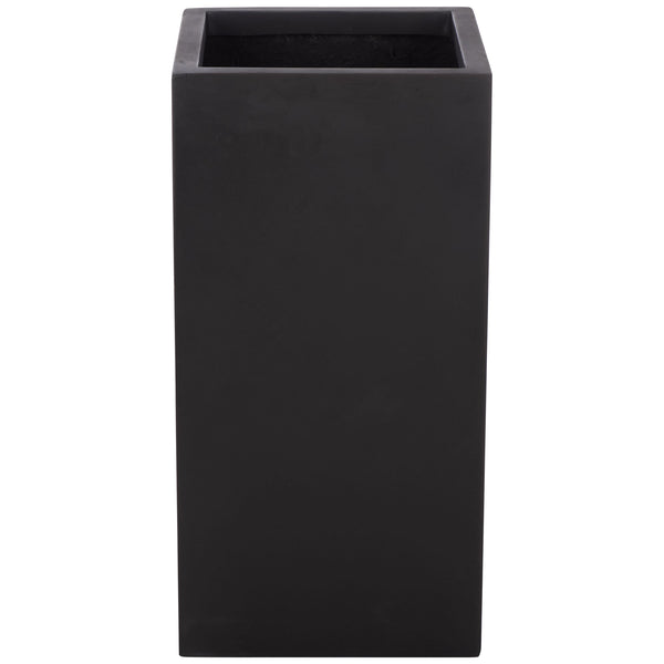 Tall black fiberstone planter has a clean rectangular form and square opening || PAT1402A || front_studio