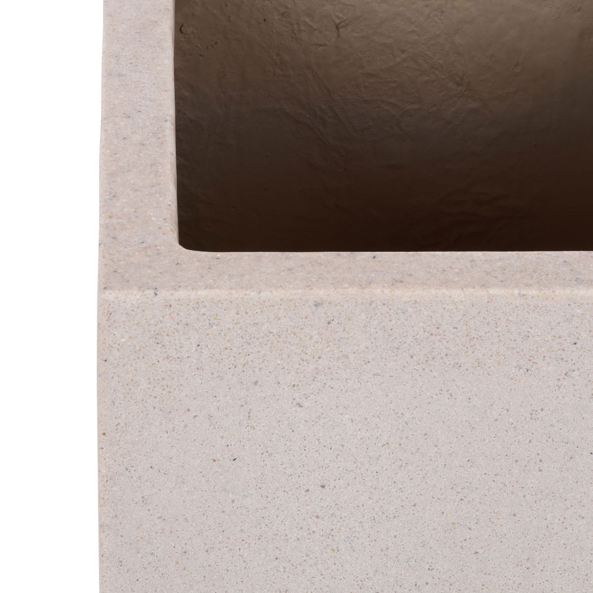 Speckled beige planter rim surrounds a deep, earth-toned planting cavity || PAT1402B || detail_studio
