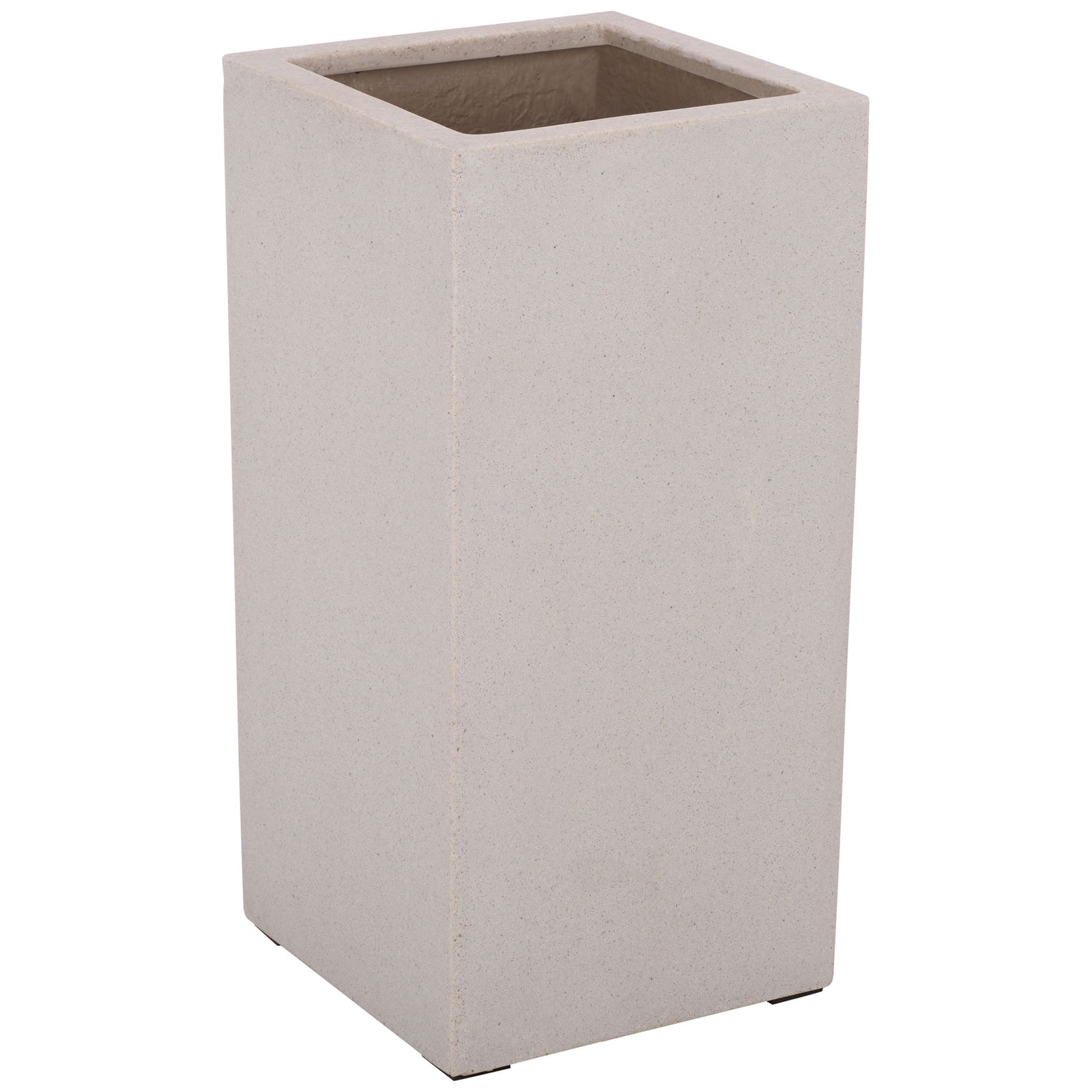 Softly speckled beige fiberstone planter pairs crisp edges with a deep square opening || PAT1402B || front_angle_studio