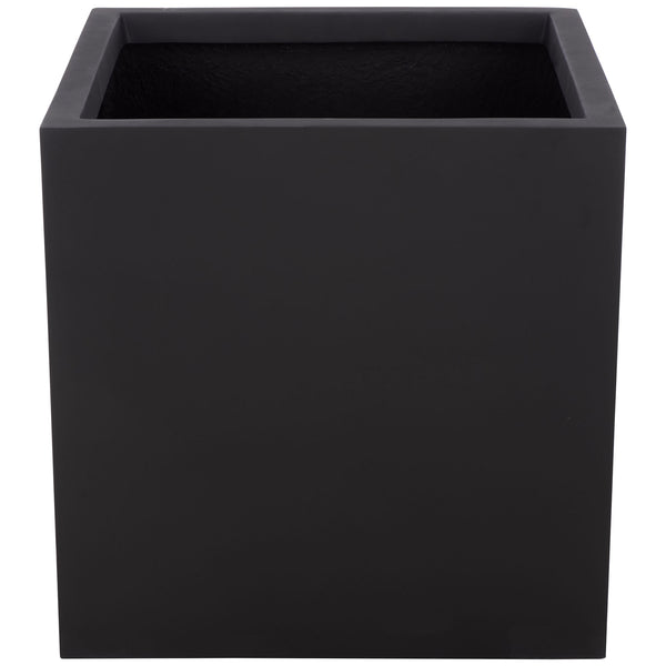 Broad black fiberstone planter combines a square opening with smooth, straight sides || PAT1403A || front_studio