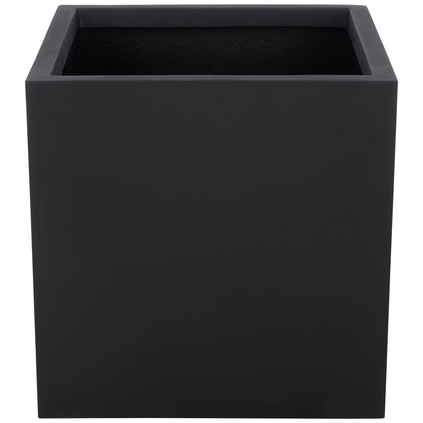 Broad black fiberstone planter combines a square opening with smooth, straight sides || PAT1403A || front_studio