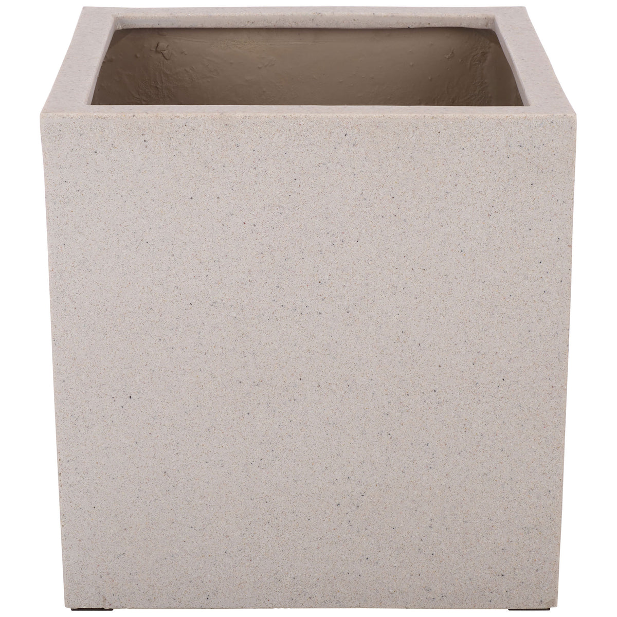 Wide beige planter offers a substantial square form for outdoor plants || PAT1403B || front_studio