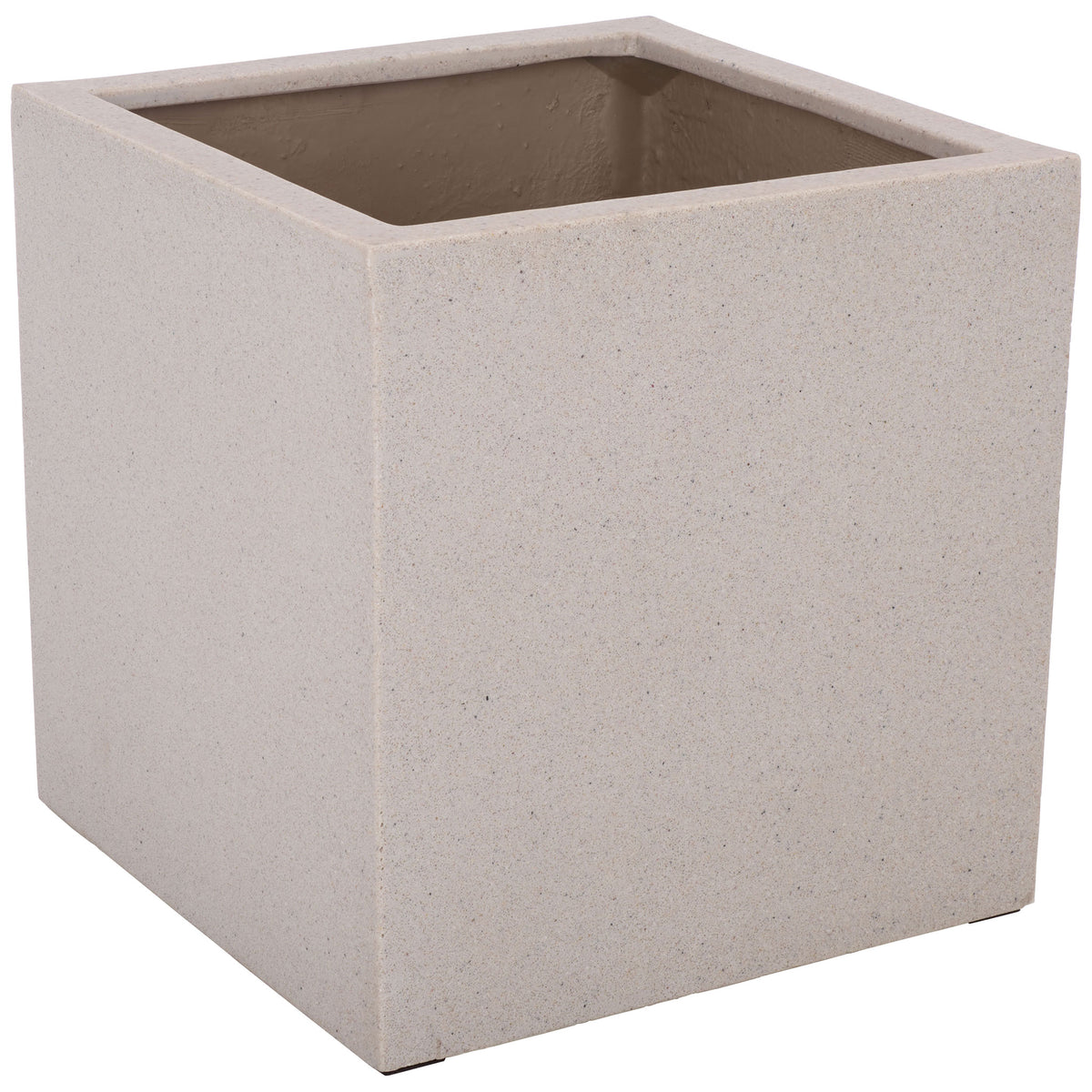 Broad square beige planter has straight sides, an open top, and a flecked finish || PAT1403B || front_angle_studio