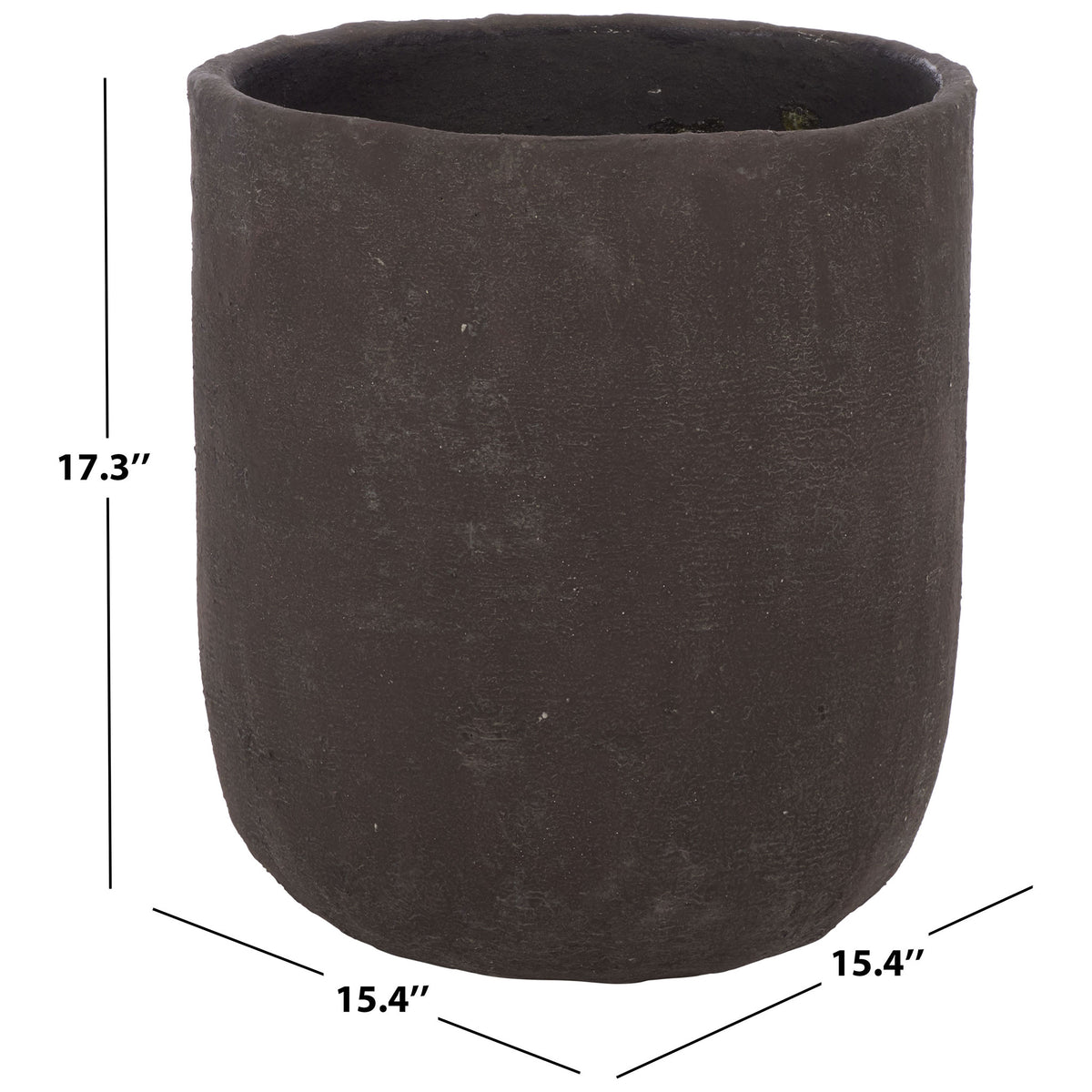 Brown round planter measures 15.4 inches across and 17.3 inches tall.