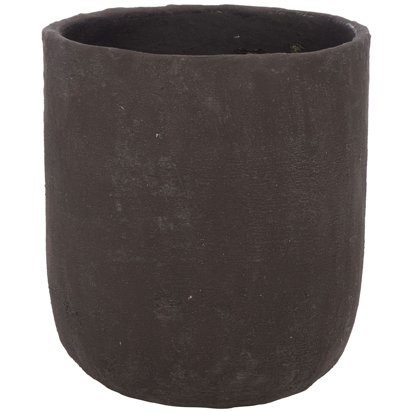 Deep brown round planter combines straight sides with a gently rounded bottom. || PAT1404A || front_studio