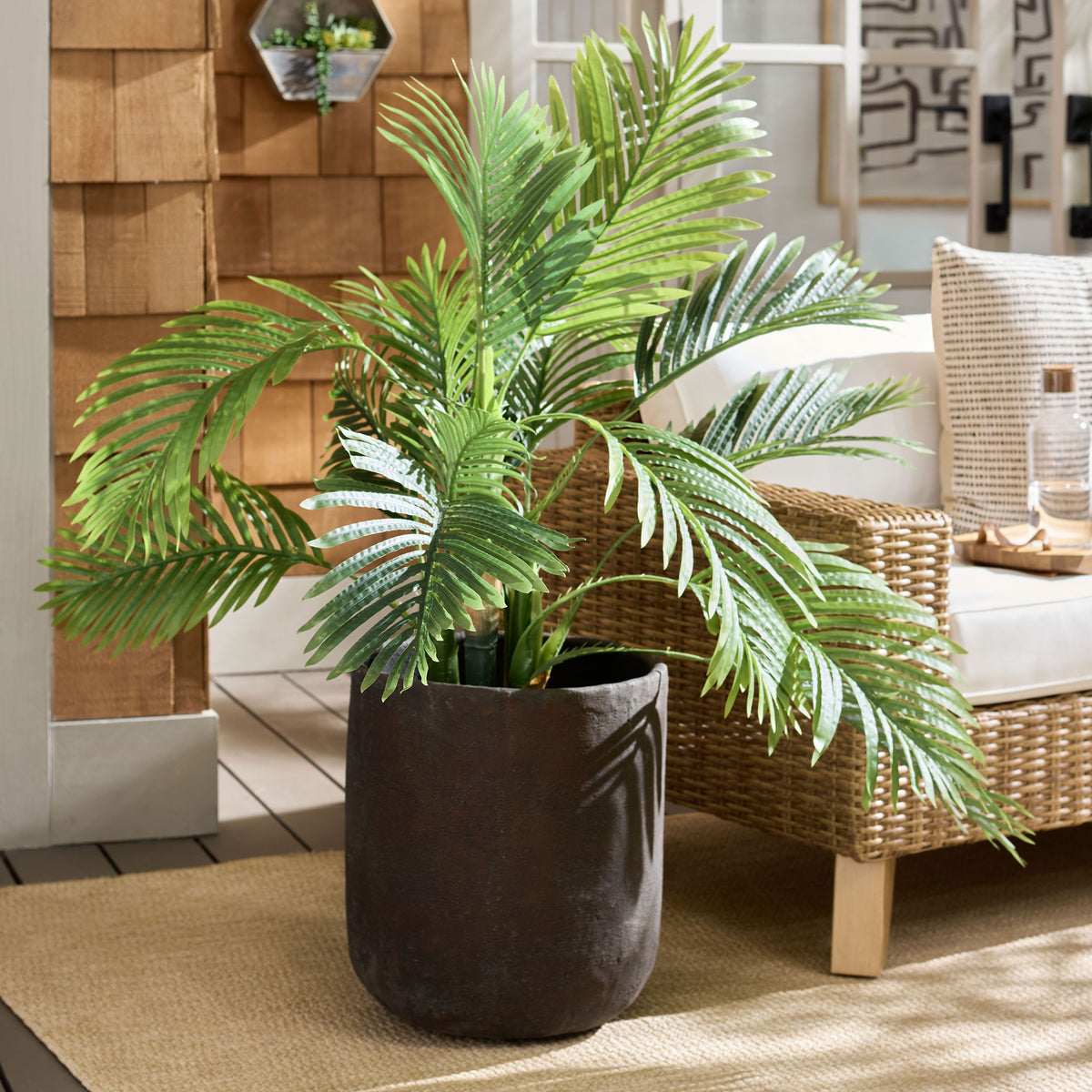 Tropical fronds fill the compact brown planter alongside wicker patio seating. || PAT1404A || front_room