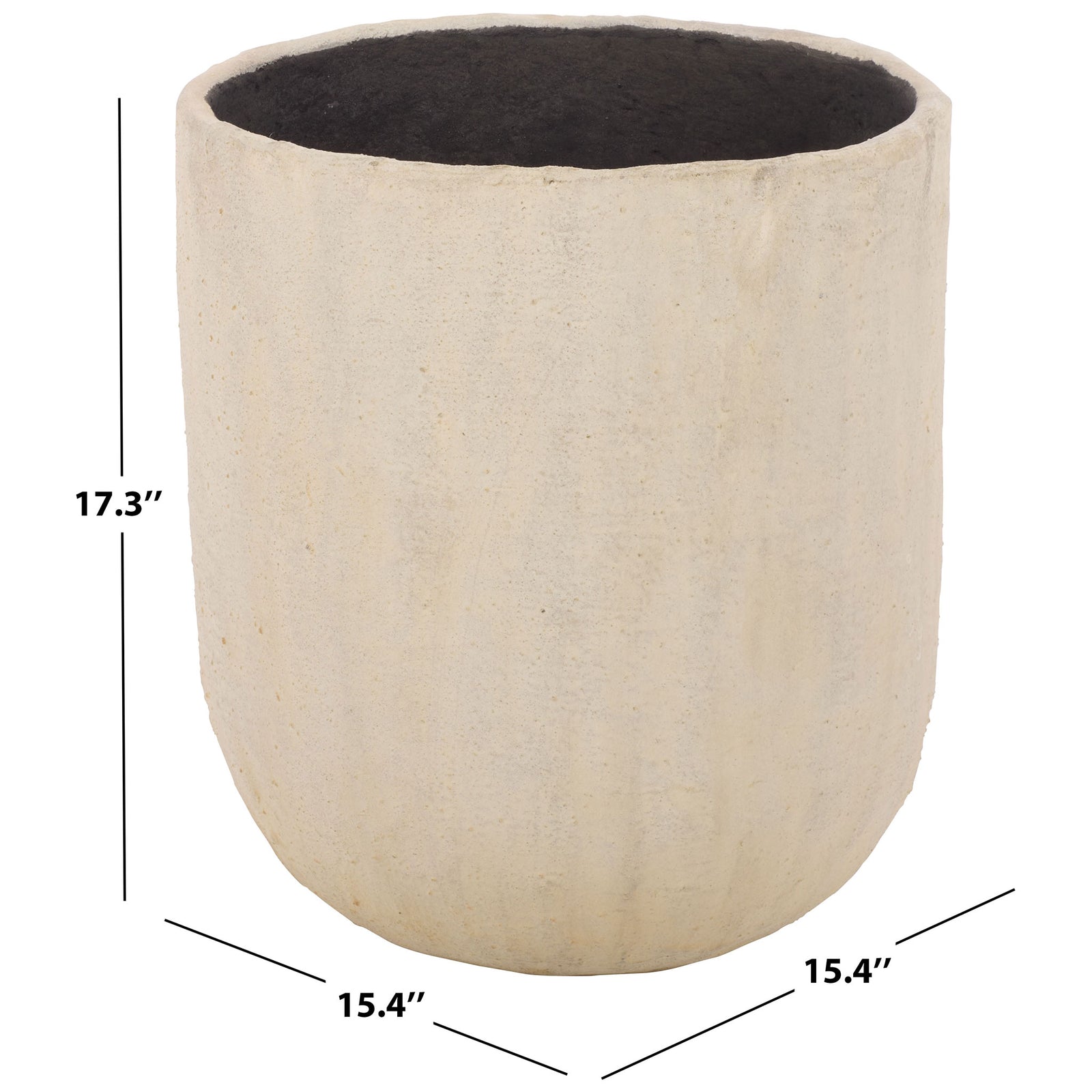 Beige round planter measures 15.4 inches across and 17.3 inches tall. || PAT1404B || dimension_studio