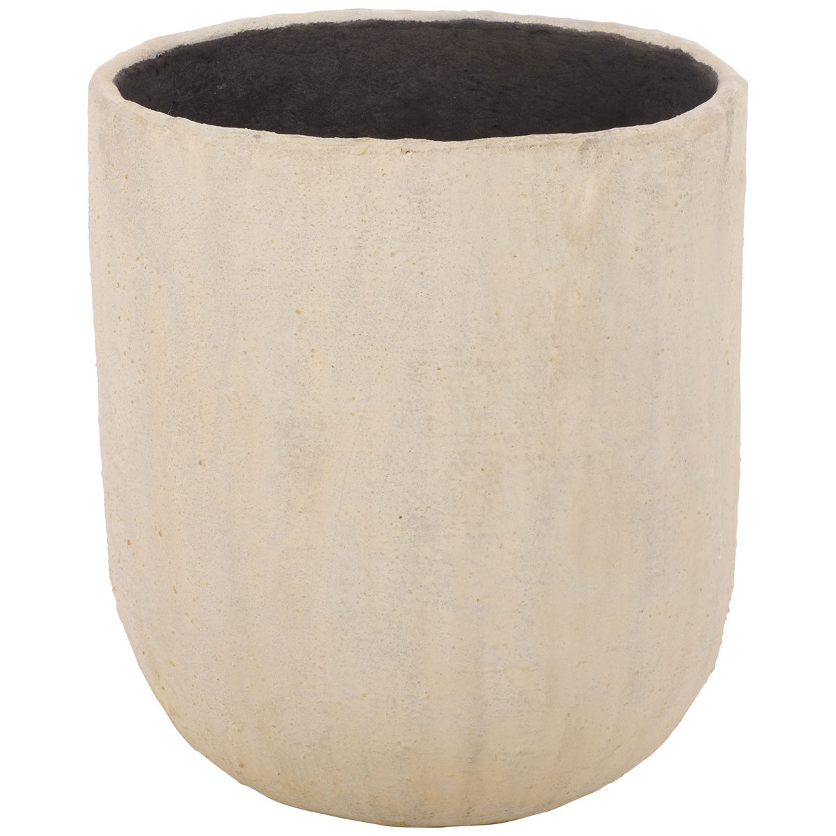 Soft beige round planter pairs a gently curved base with a subtly mottled finish. || PAT1404B || front_studio