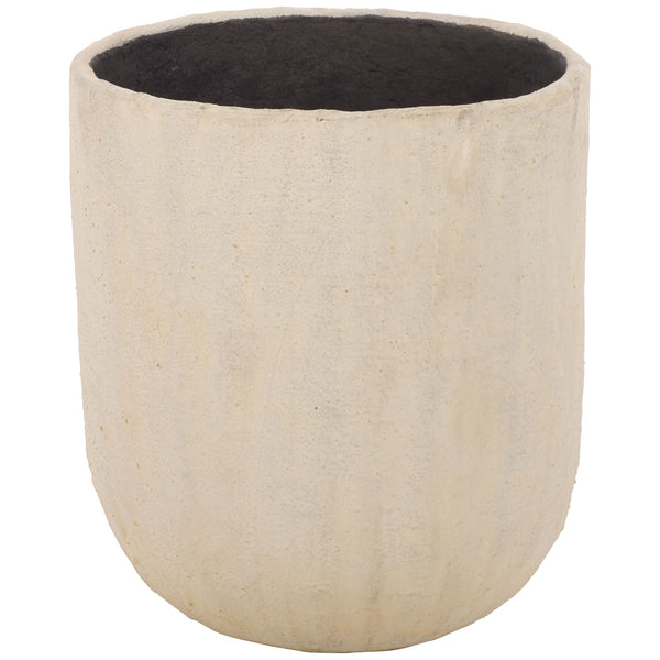 Soft beige round planter pairs a gently curved base with a subtly mottled finish. || PAT1404B || front_studio