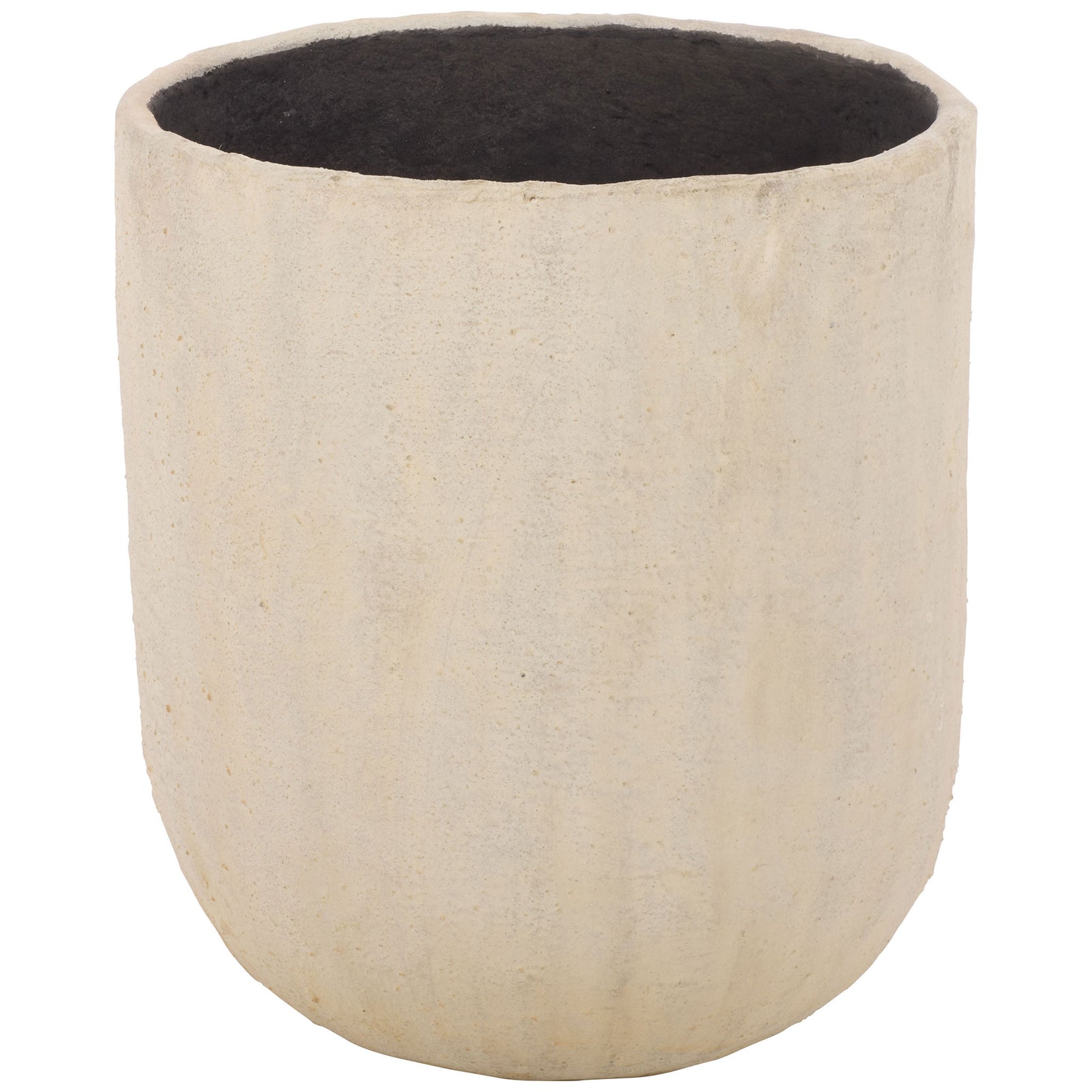 Soft beige round planter pairs a gently curved base with a subtly mottled finish. || PAT1404B || front_studio