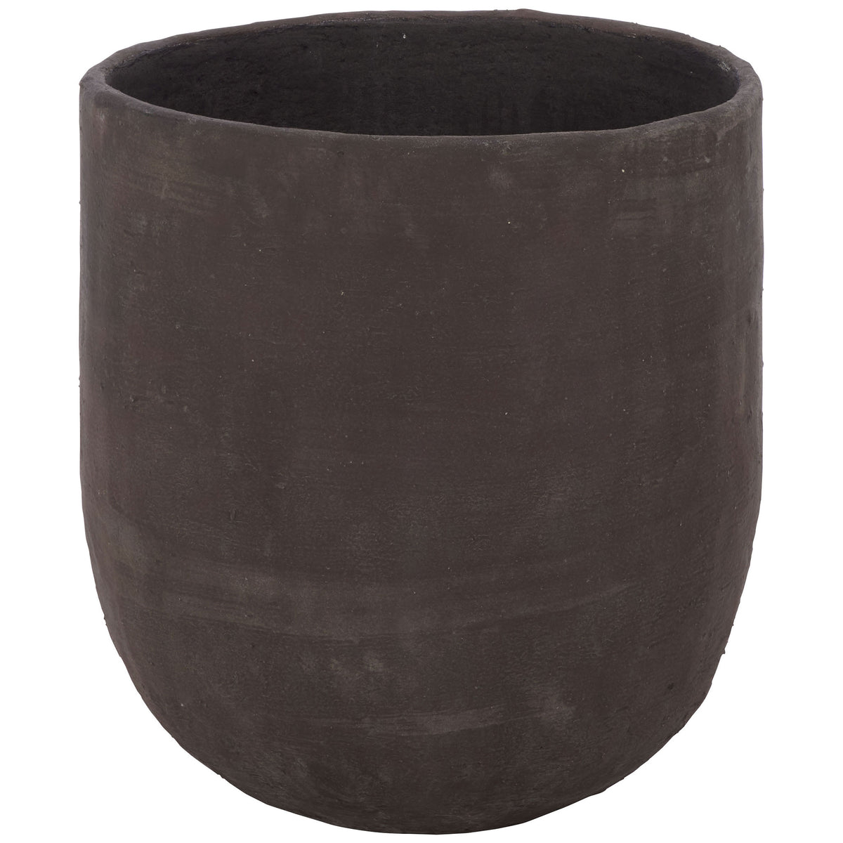 Large dark brown planter features a broad opening and a rounded base. || PAT1405A || front_studio