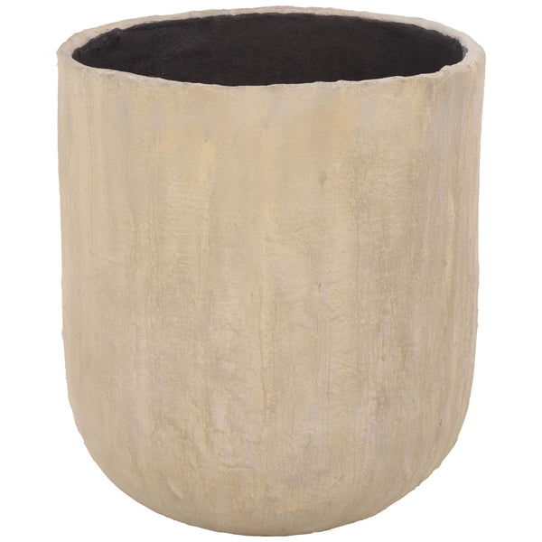 Large beige round planter has a wide opening and gently rounded lower half. || PAT1405B || front_studio