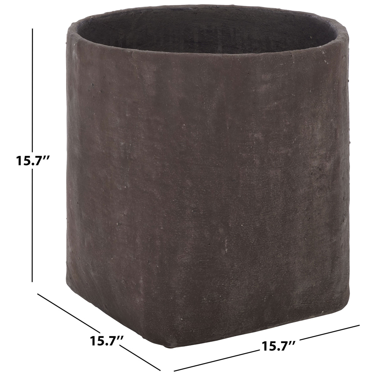 Brown square planter measures 15.7 inches wide, deep, and tall.