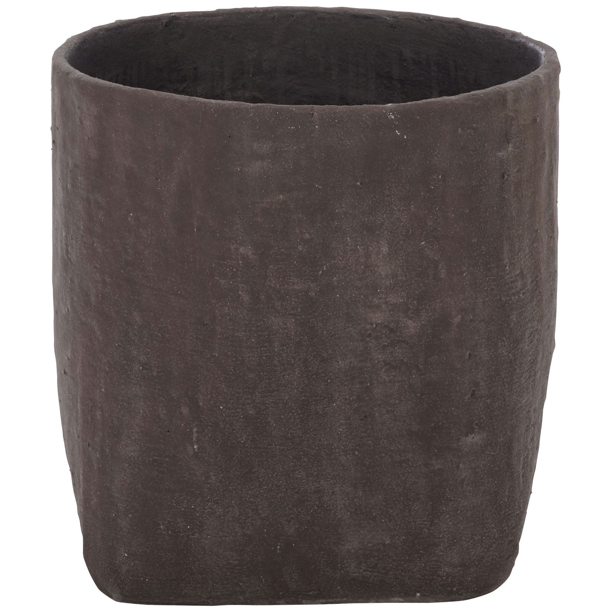 Dark brown square planter combines a rounded opening with a structured base. || PAT1408A || front_studio