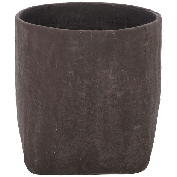 Dark brown square planter combines a rounded opening with a structured base. || PAT1408A || front_studio
