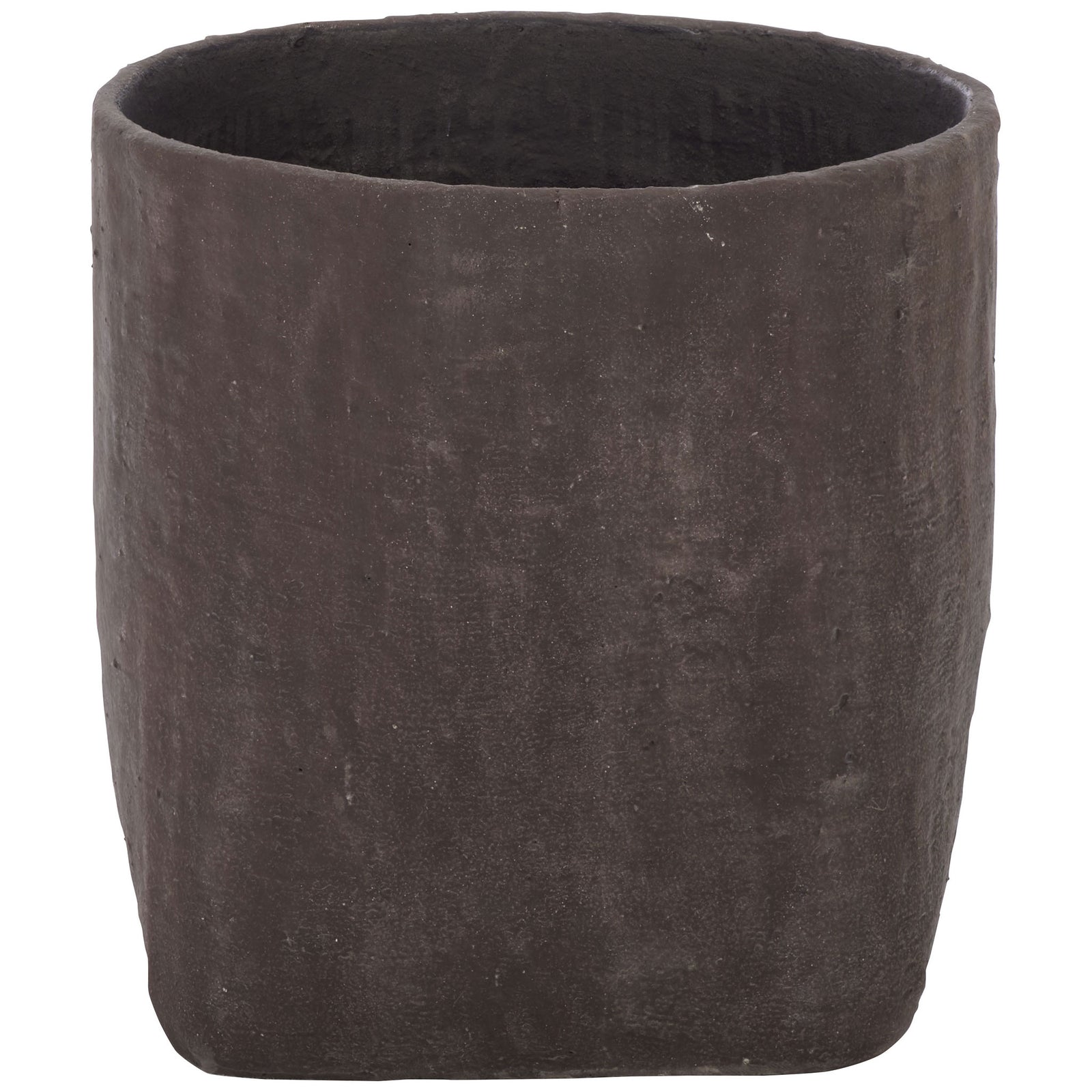 Dark brown square planter combines a rounded opening with a structured base. || PAT1408A || front_studio