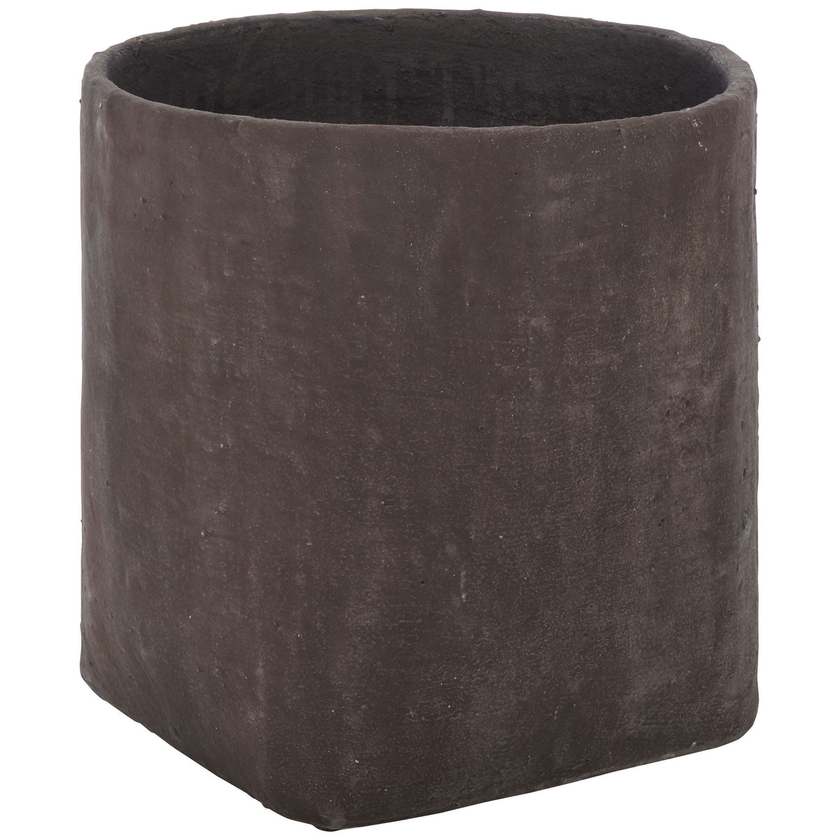 The brown square planter shows softly rounded corners and a richly mottled finish. || PAT1408A || front_angle_studio