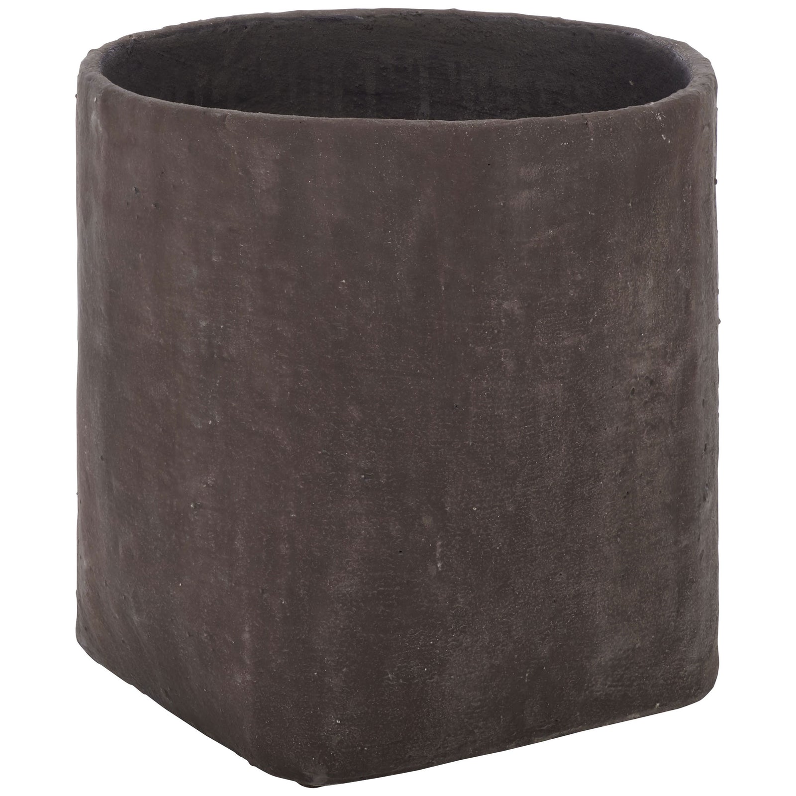 The brown square planter shows softly rounded corners and a richly mottled finish. || PAT1408A || front_angle_studio