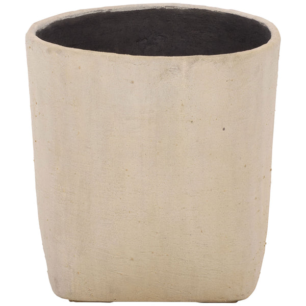 Beige square planter pairs a round opening with straight sides and a softly squared base. || PAT1408B || front_studio
