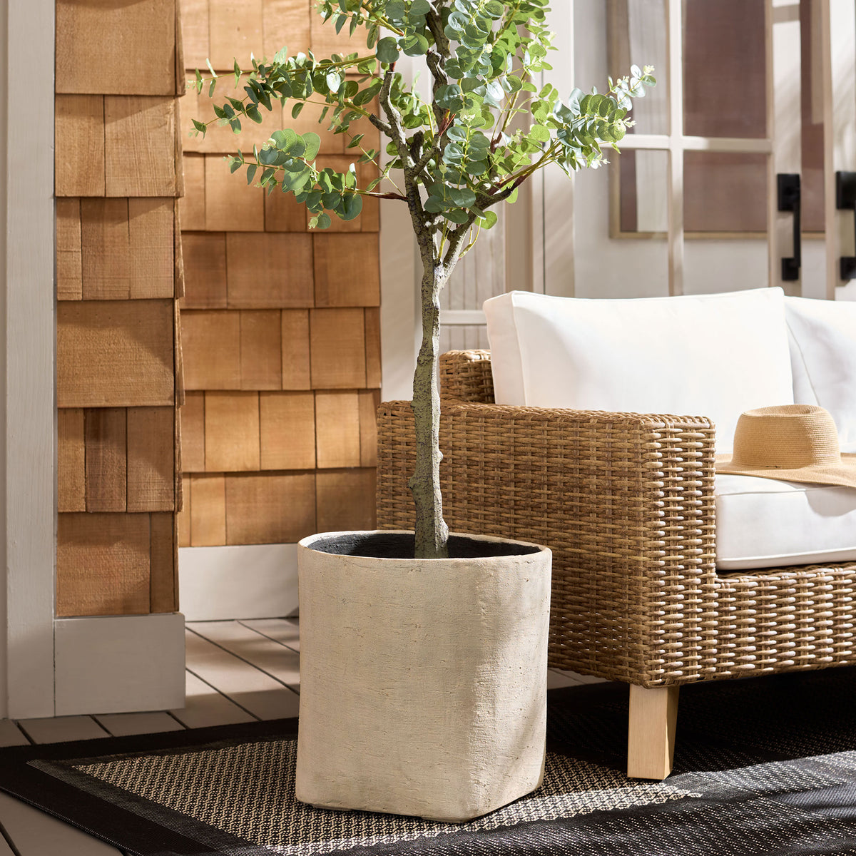 A leafy tree fills the beige square planter beside woven patio seating. || PAT1408B || front_room