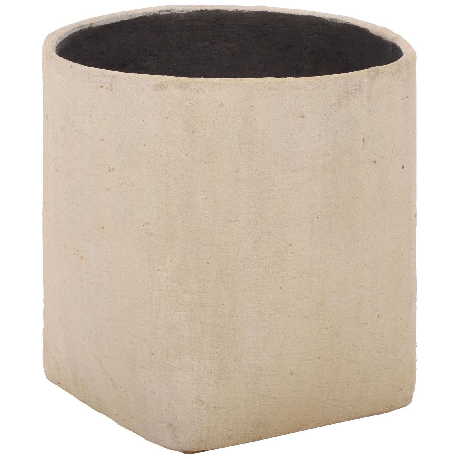 The beige planter blends gently squared corners with a broad, rounded mouth. || PAT1408B || front_angle_studio