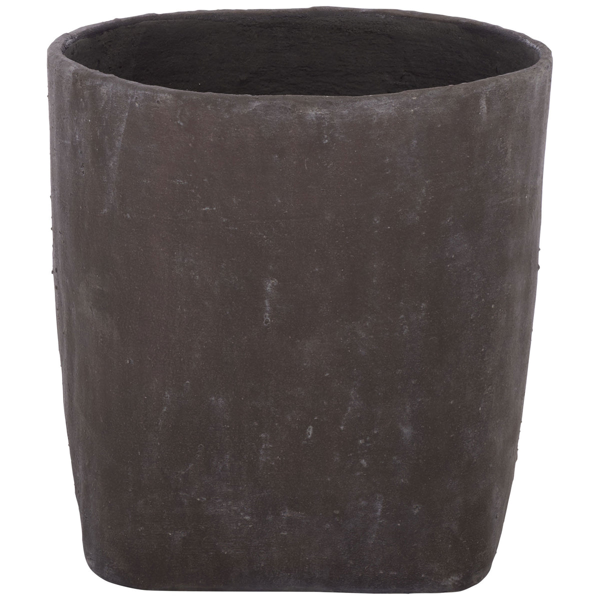 Large brown square planter features a wide circular opening and clean-lined walls. || PAT1409A || front_studio