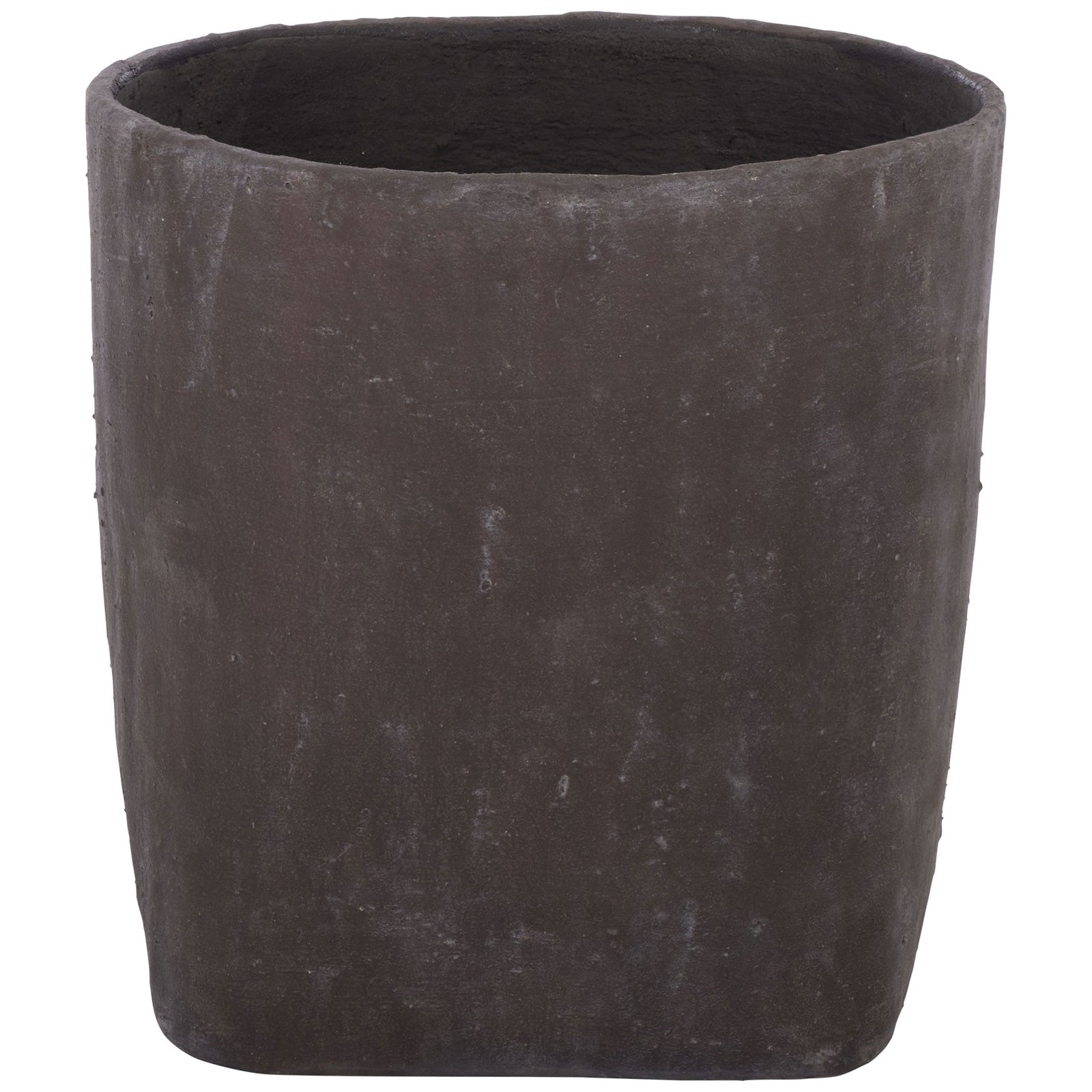 Large brown square planter features a wide circular opening and clean-lined walls. || PAT1409A || front_studio