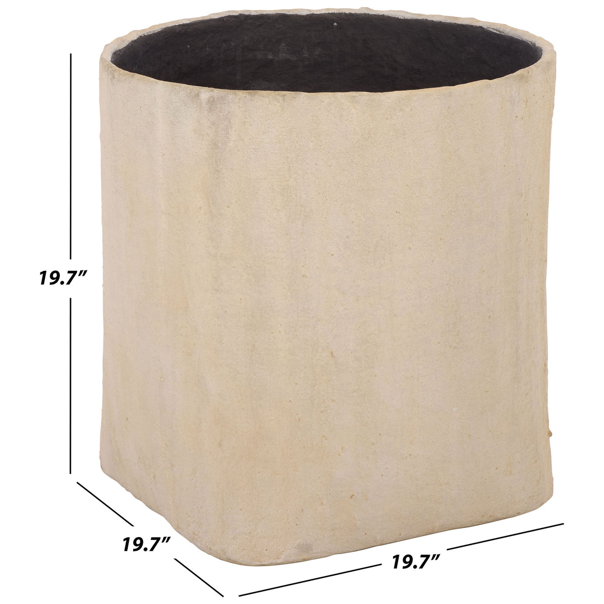Large beige square planter measures 19.7 inches wide, deep, and tall.