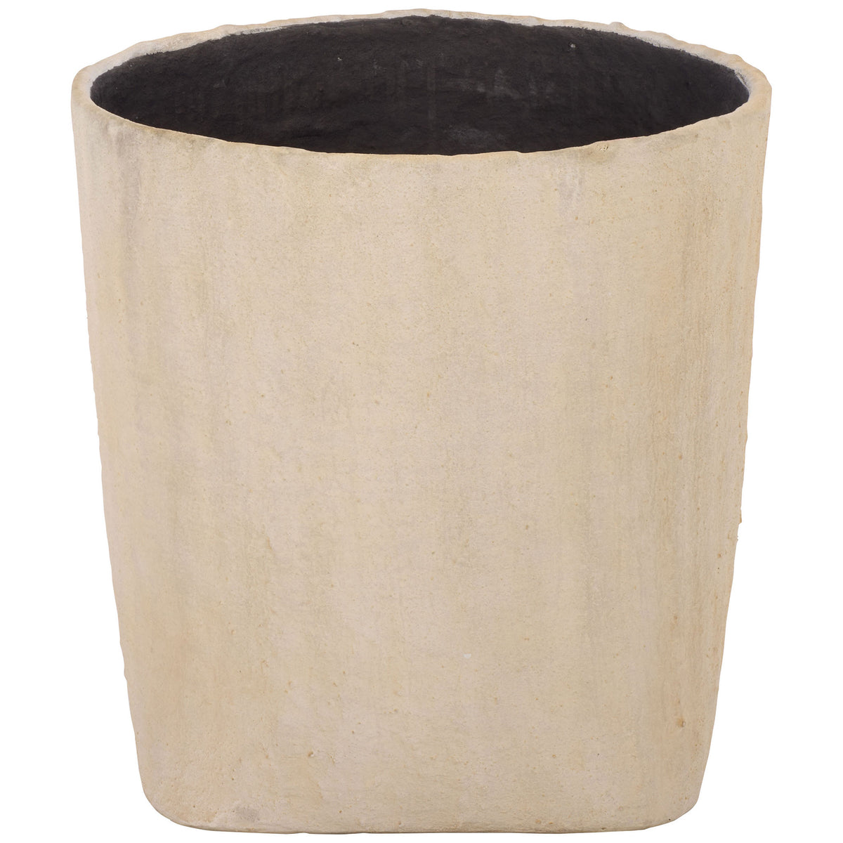 Large beige square planter offers a broad round opening and clean, straight walls. || PAT1409B || front_studio