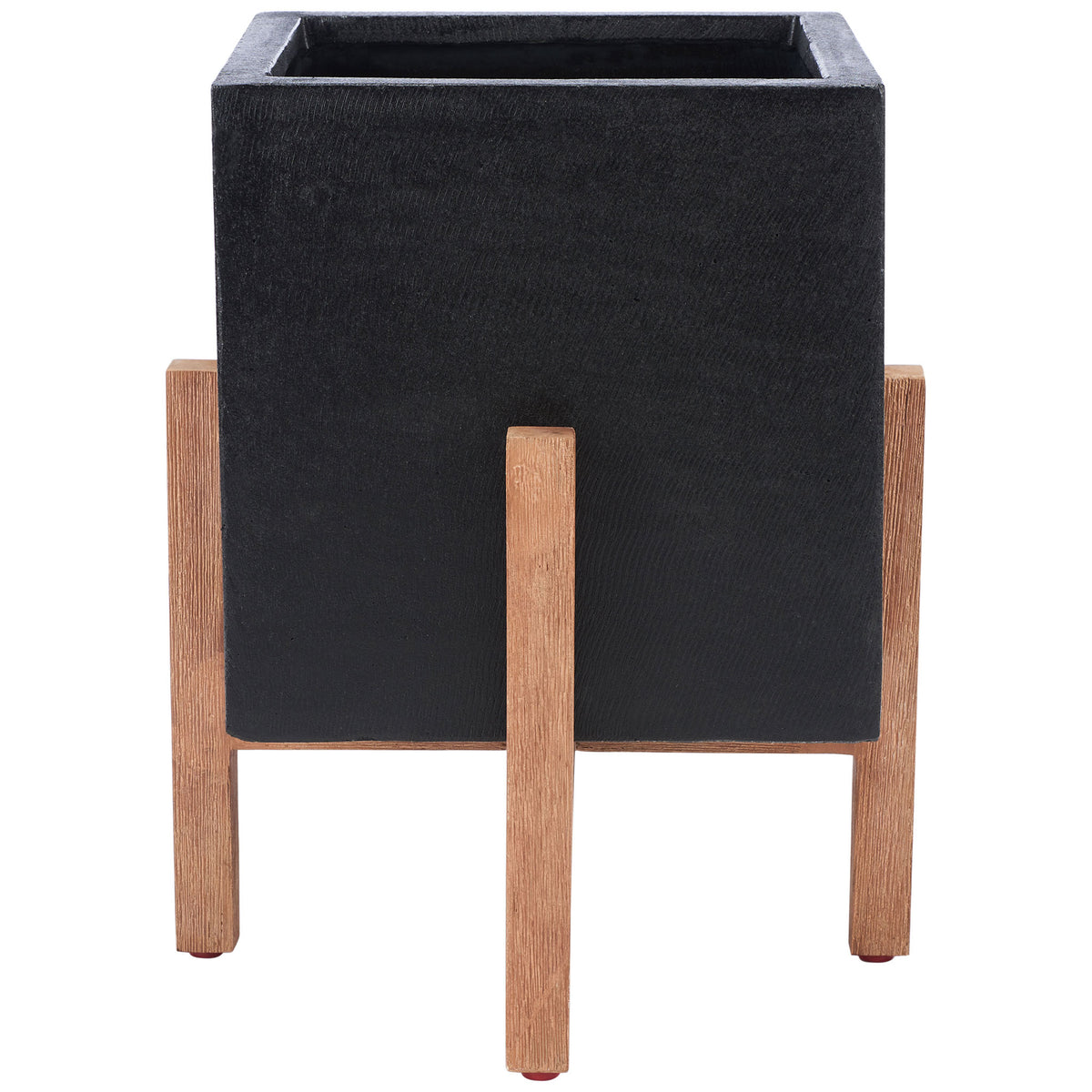 Black concrete cube planter rests on natural acacia wood legs for a striking modern contrast. || PAT1512A || front_studio