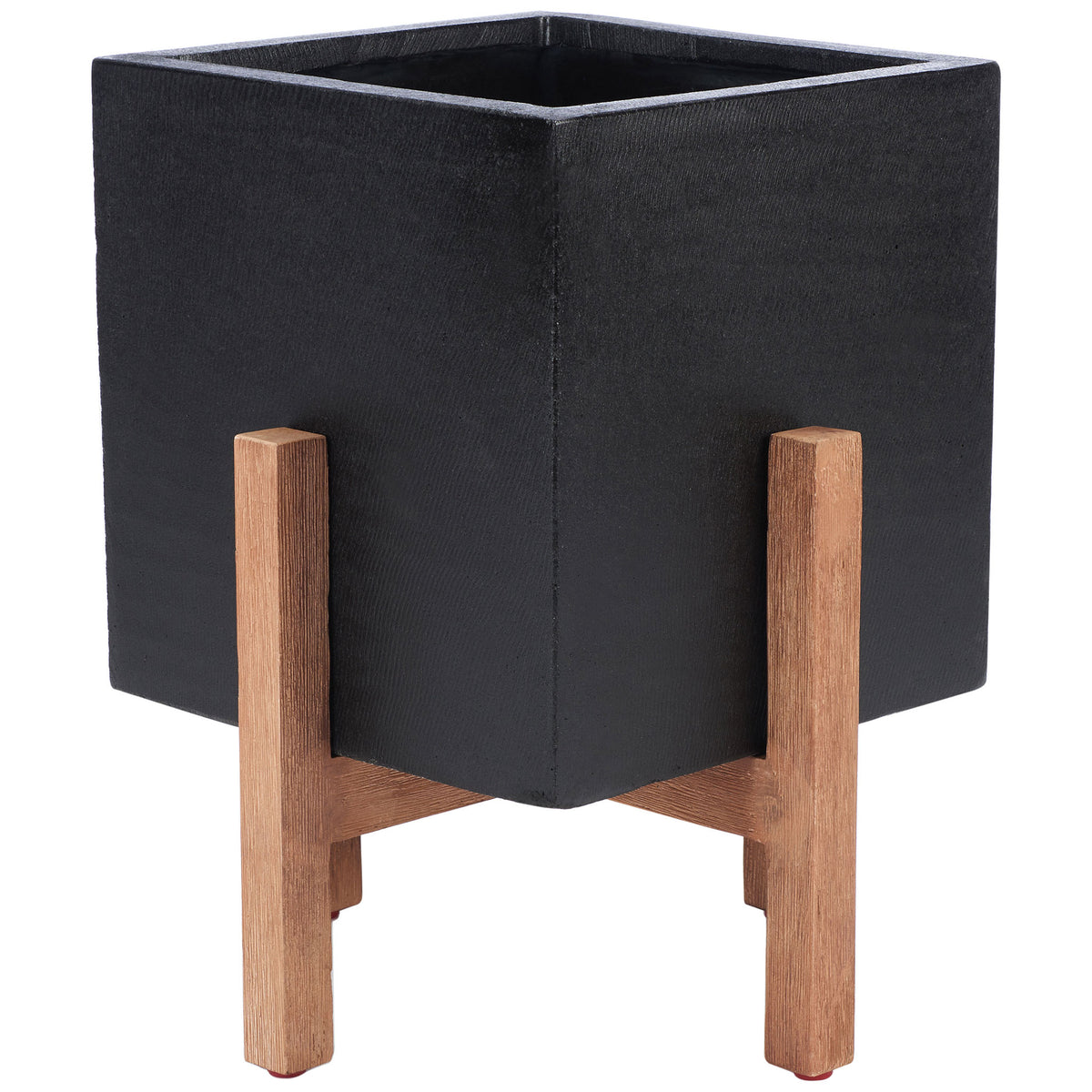 A deep square basin meets a warm wooden stand beneath the textured black concrete planter. || PAT1512A || front_angle_studio