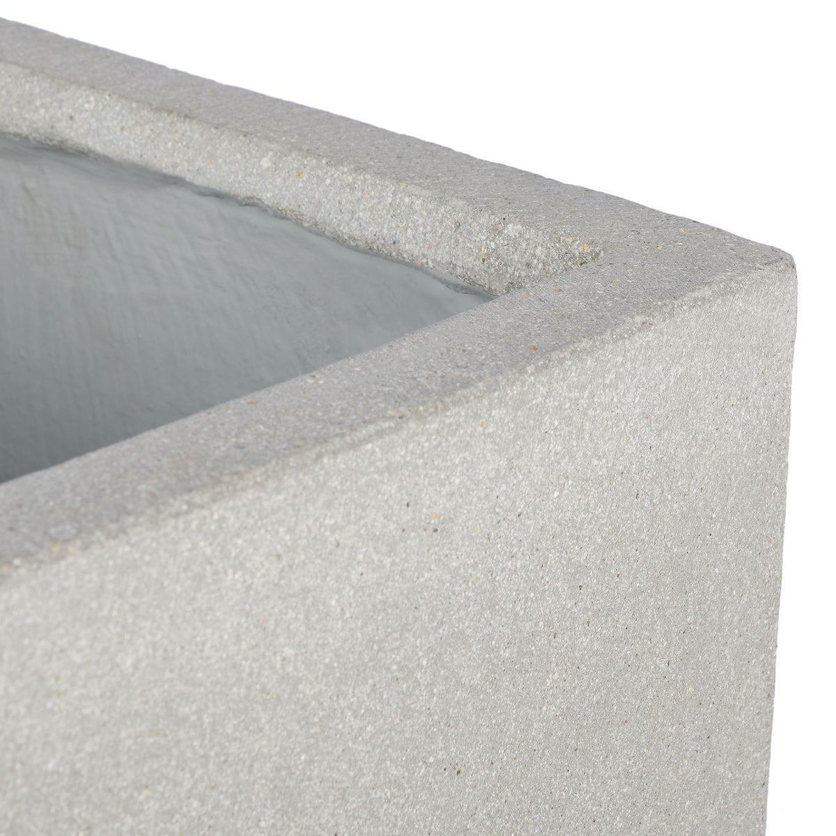 A thick square rim frames the light gray concrete planter's inner basin and speckled surface. || PAT1512B || detail_studio