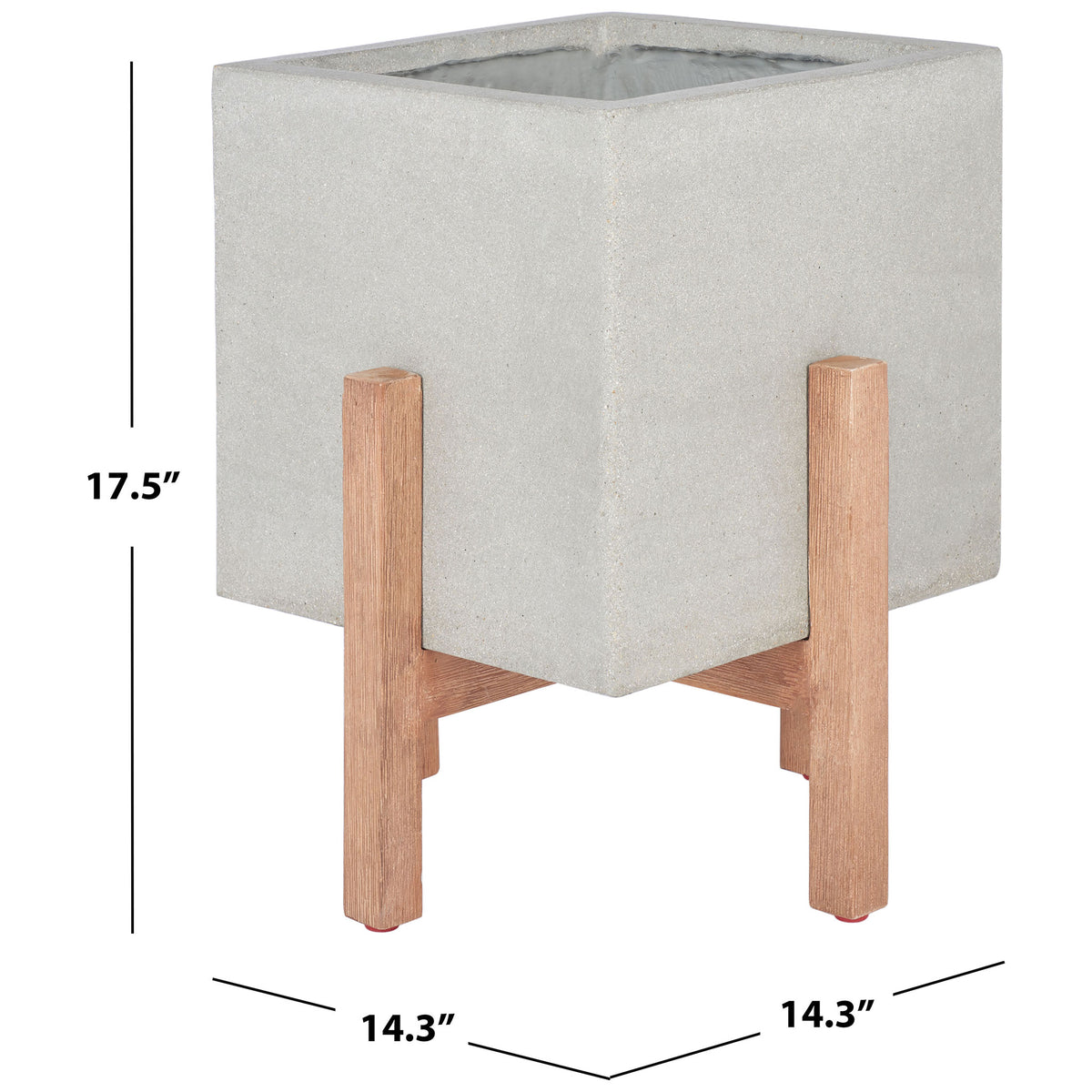 Small light gray planter measures 14.3 inches square and 17.5 inches tall with its wood base.