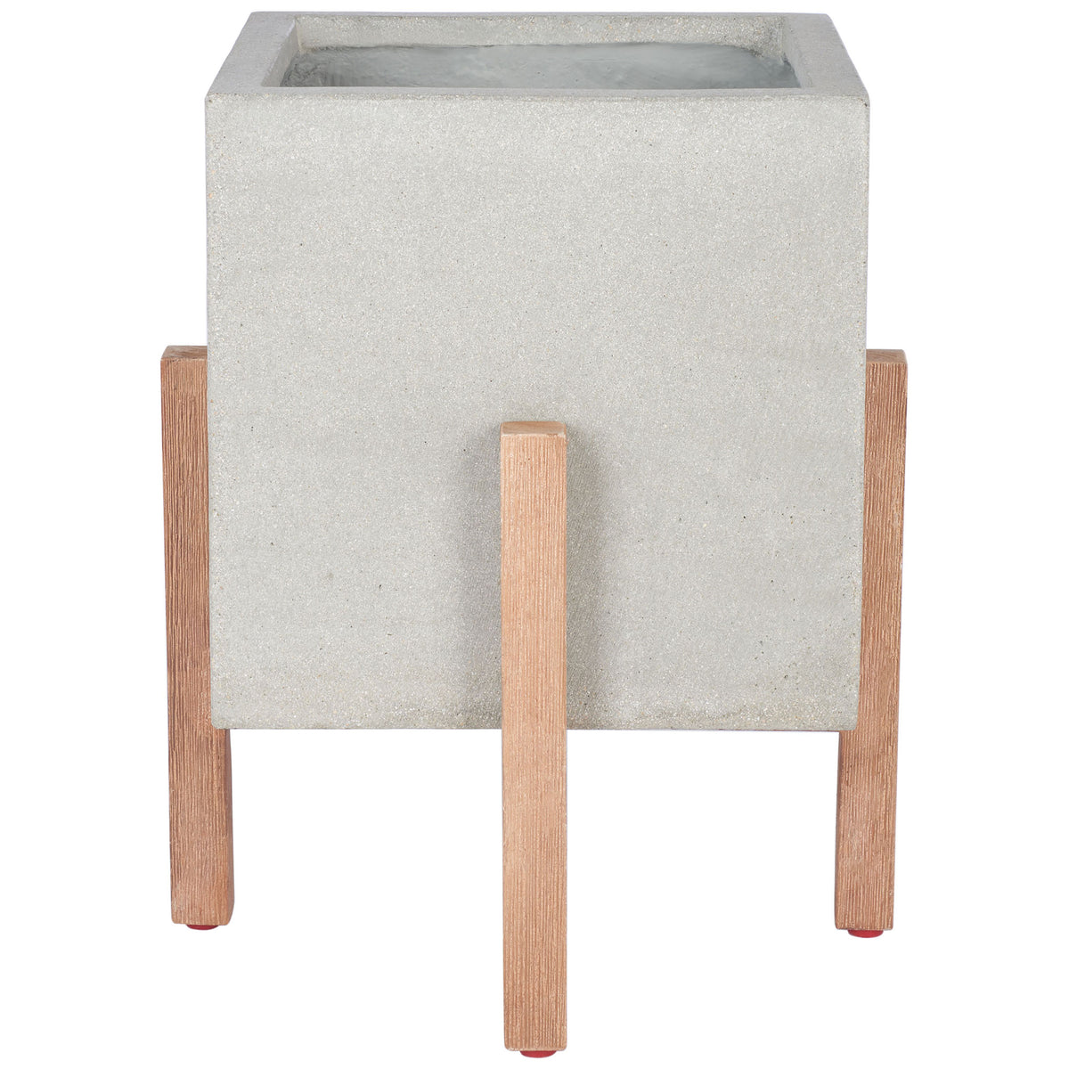 A light gray square concrete planter sits on natural acacia wood legs for airy modern style. || PAT1512B || front_studio