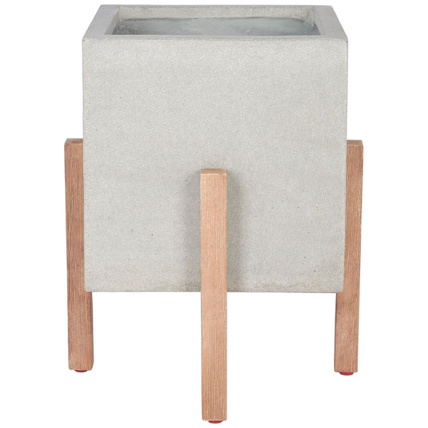 A light gray square concrete planter sits on natural acacia wood legs for airy modern style. || PAT1512B || front_studio