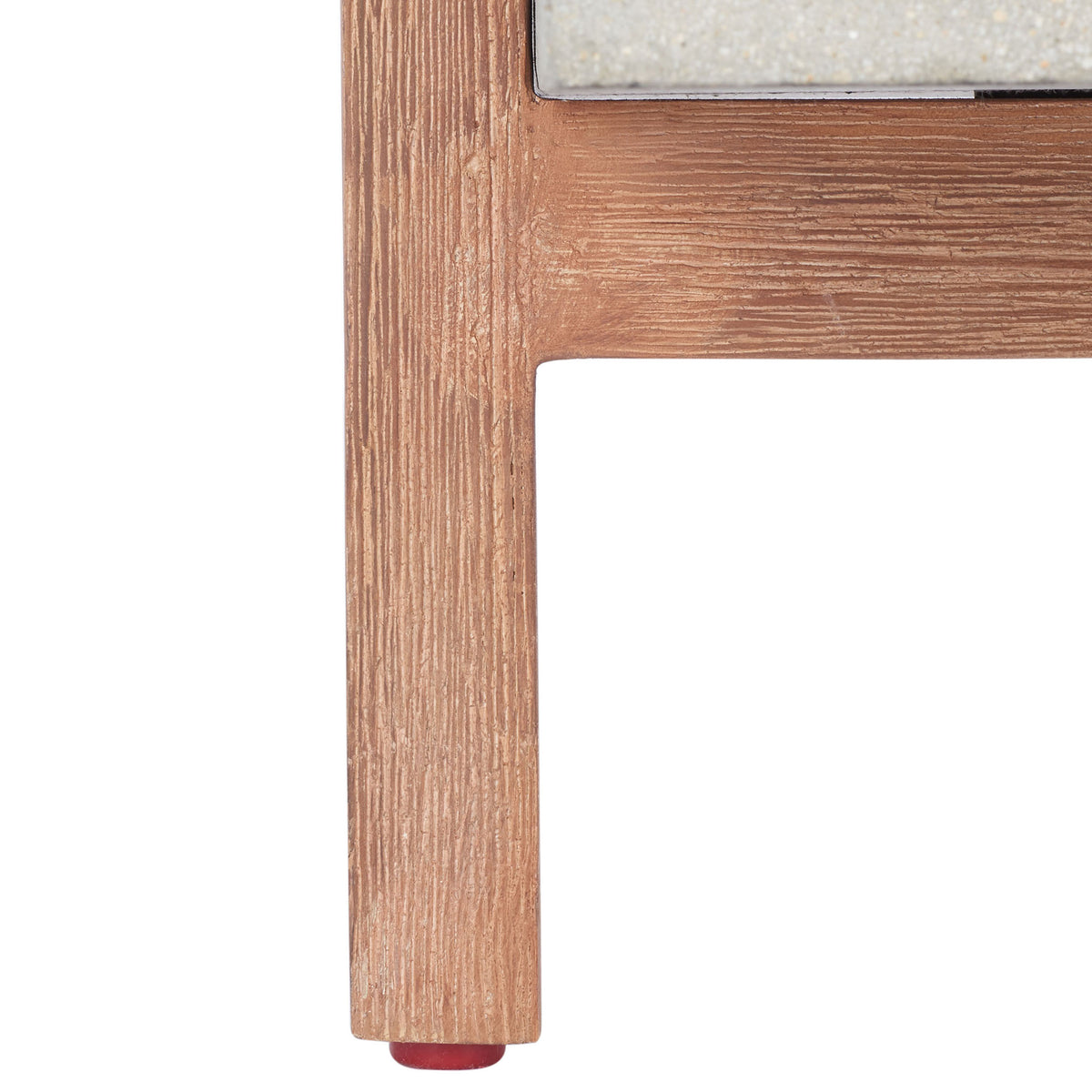 Warm acacia wood grain and a sturdy cross brace support the light gray concrete planter.