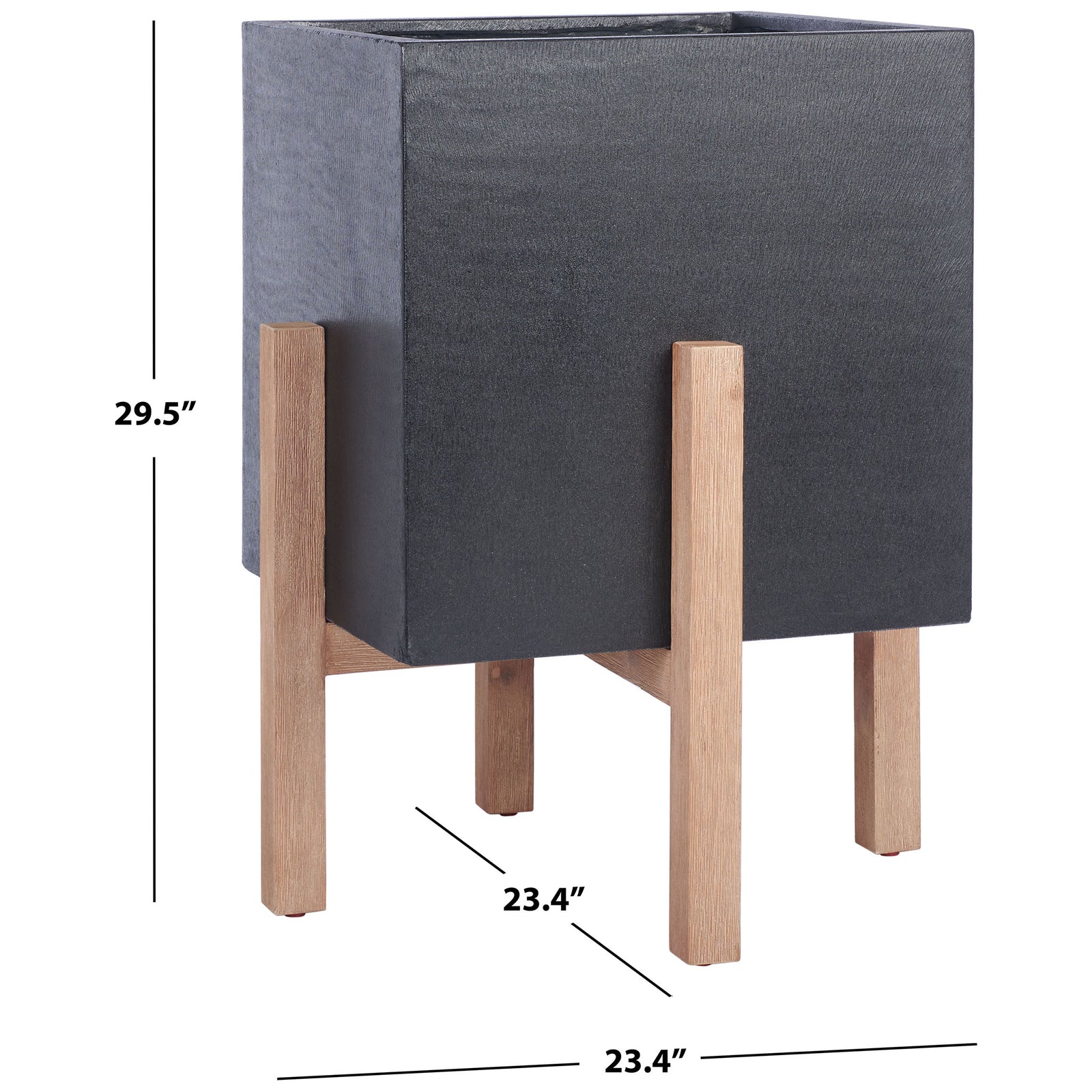 Large black planter measures 23.4 inches square and 29.5 inches tall, including its wood stand. || PAT1513A || dimension_studio