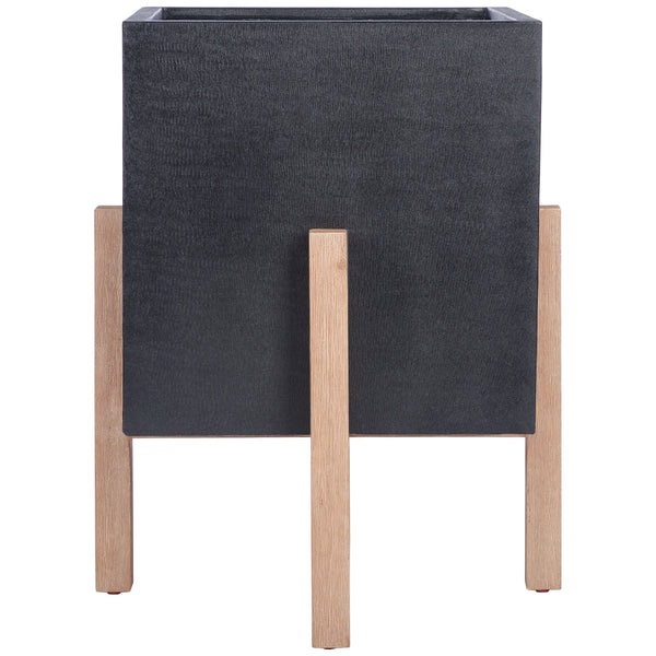 Generous black square planter combines textured concrete with a raised natural wood base. || PAT1513A || front_studio