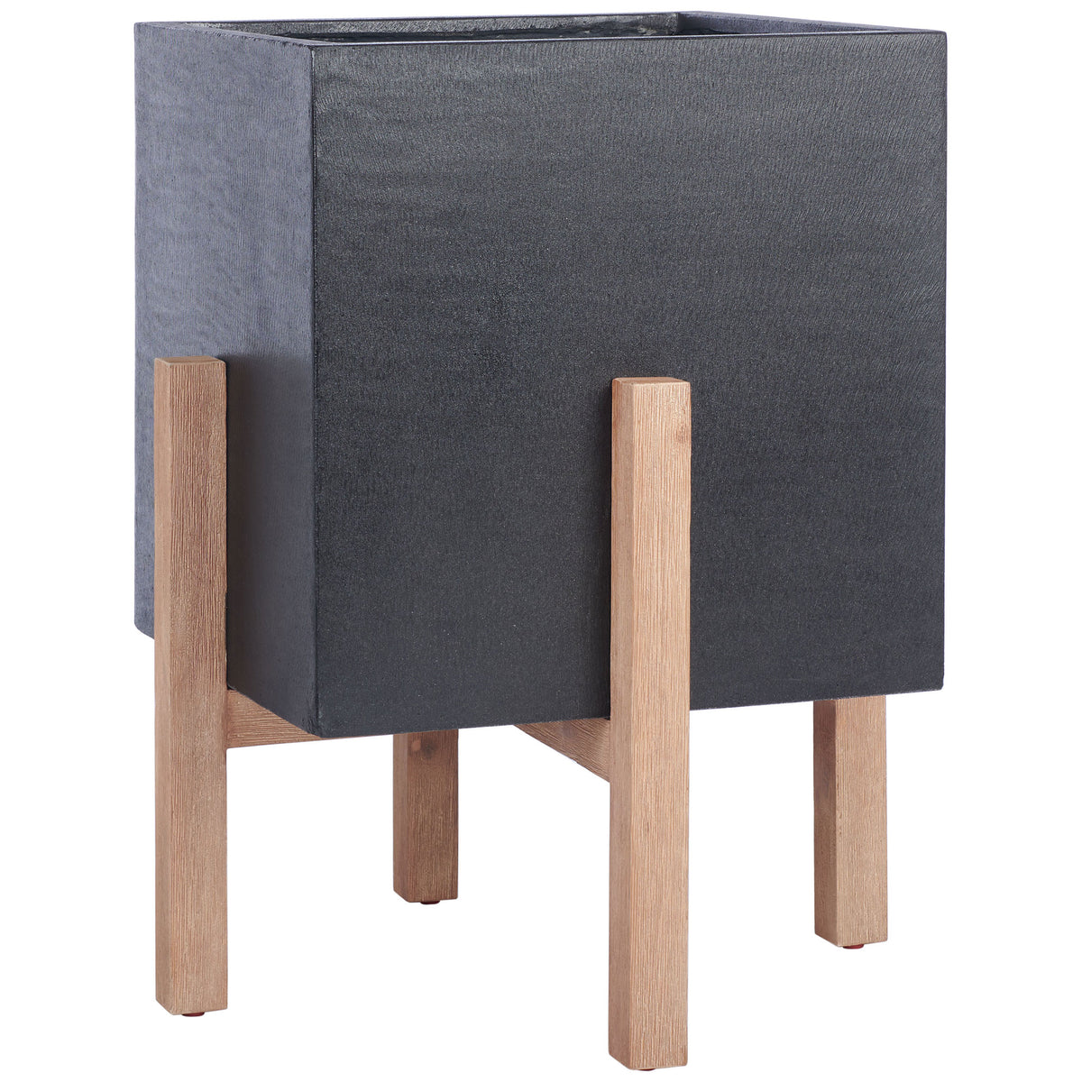 Textured black concrete forms a roomy cube above a sturdy frame of natural wood legs. || PAT1513A || front_angle_studio