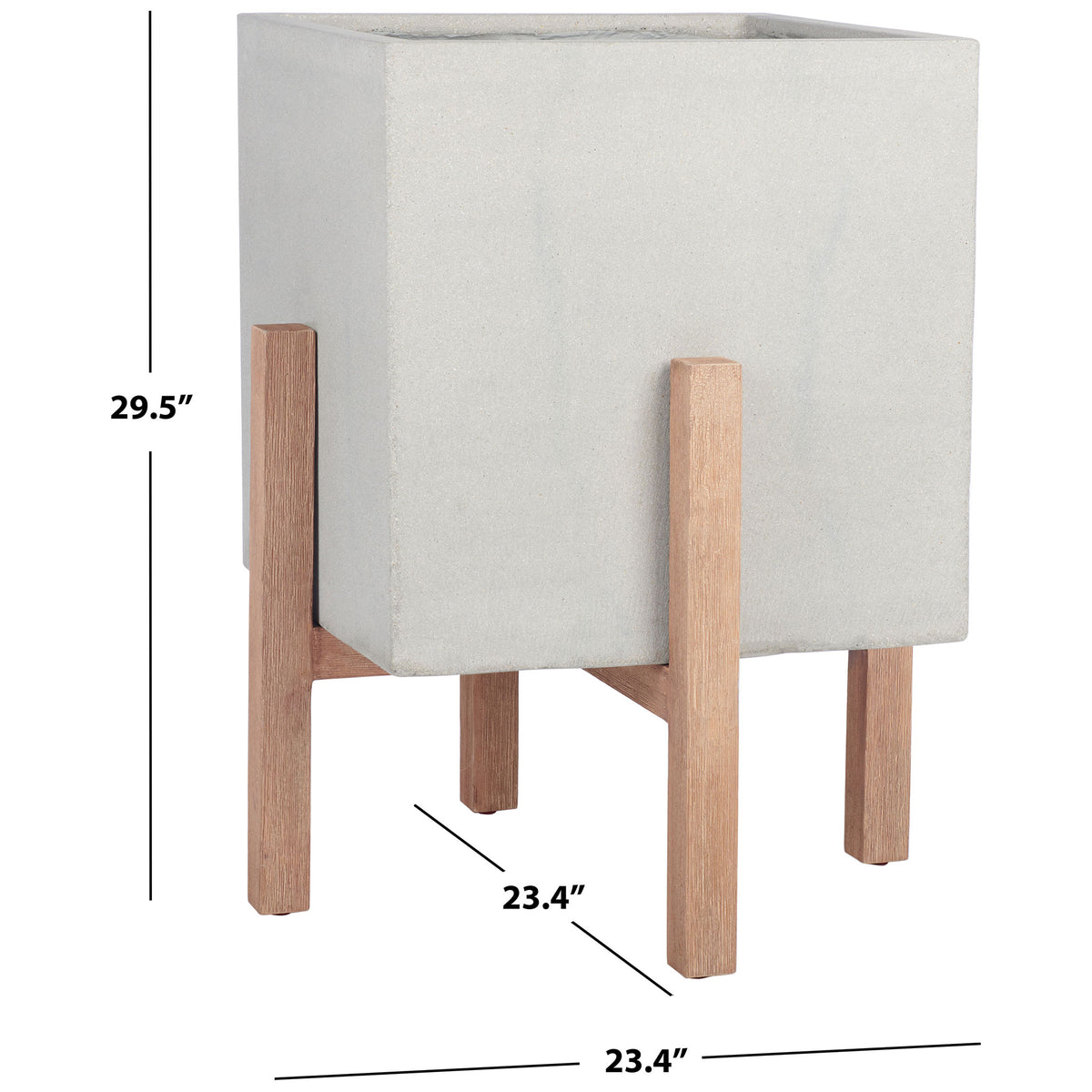 Large light gray planter measures 23.4 inches square and 29.5 inches tall on its wood stand.