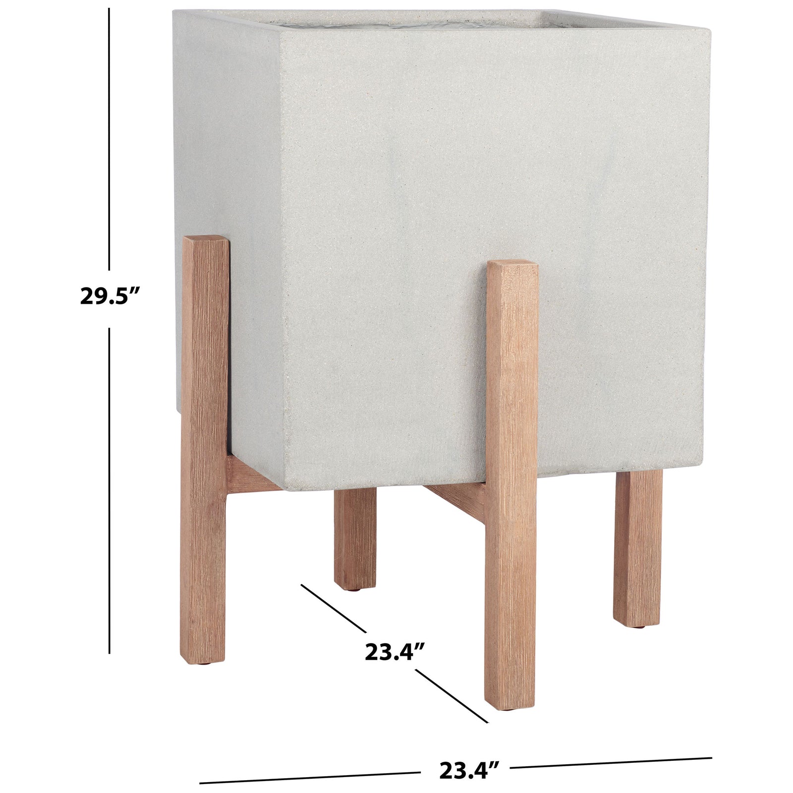 Large light gray planter measures 23.4 inches square and 29.5 inches tall on its wood stand. || PAT1513B || dimension_studio