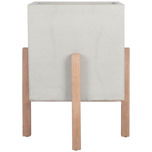 Light gray concrete and natural wood legs give this large cube planter a soft, modern contrast. || PAT1513B || front_studio