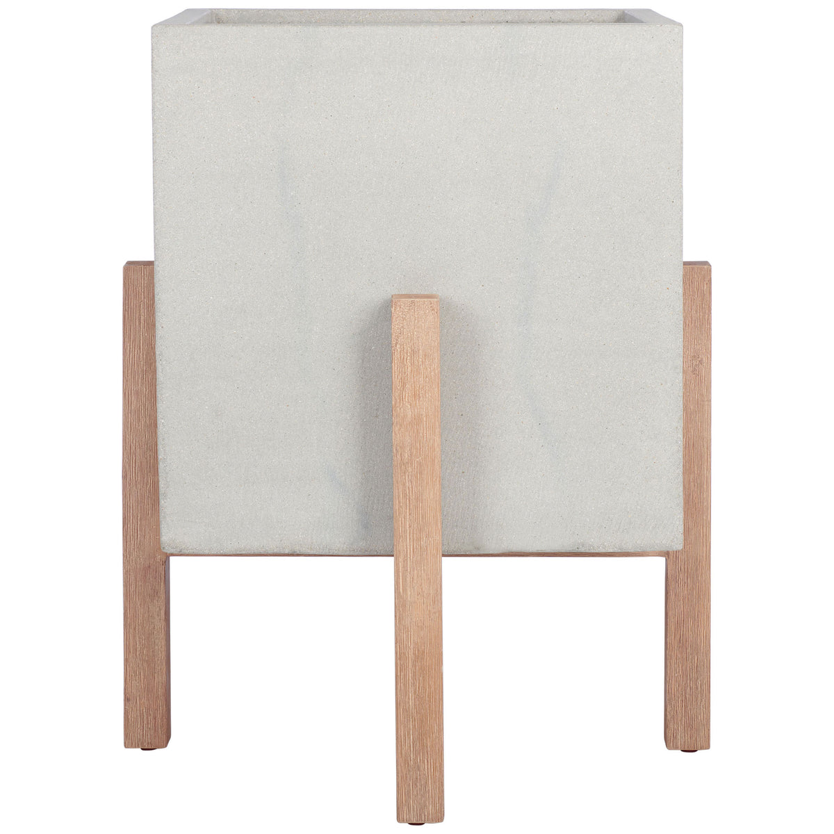 Light gray concrete and natural wood legs give this large cube planter a soft, modern contrast. || PAT1513B || front_studio
