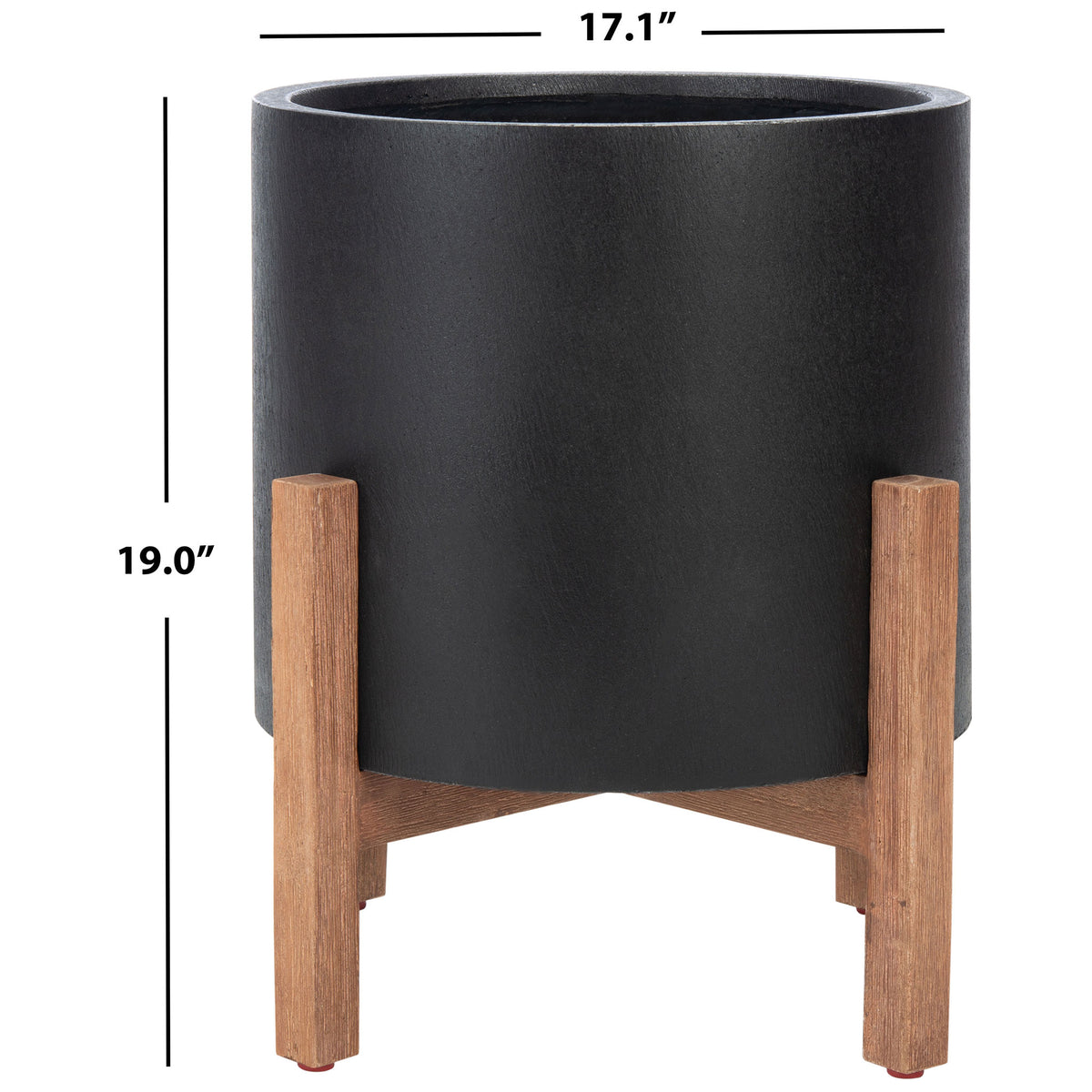 The round black planter measures 17.1 inches across and 19 inches high on its wood-toned stand. || PAT1514A || dimension_studio