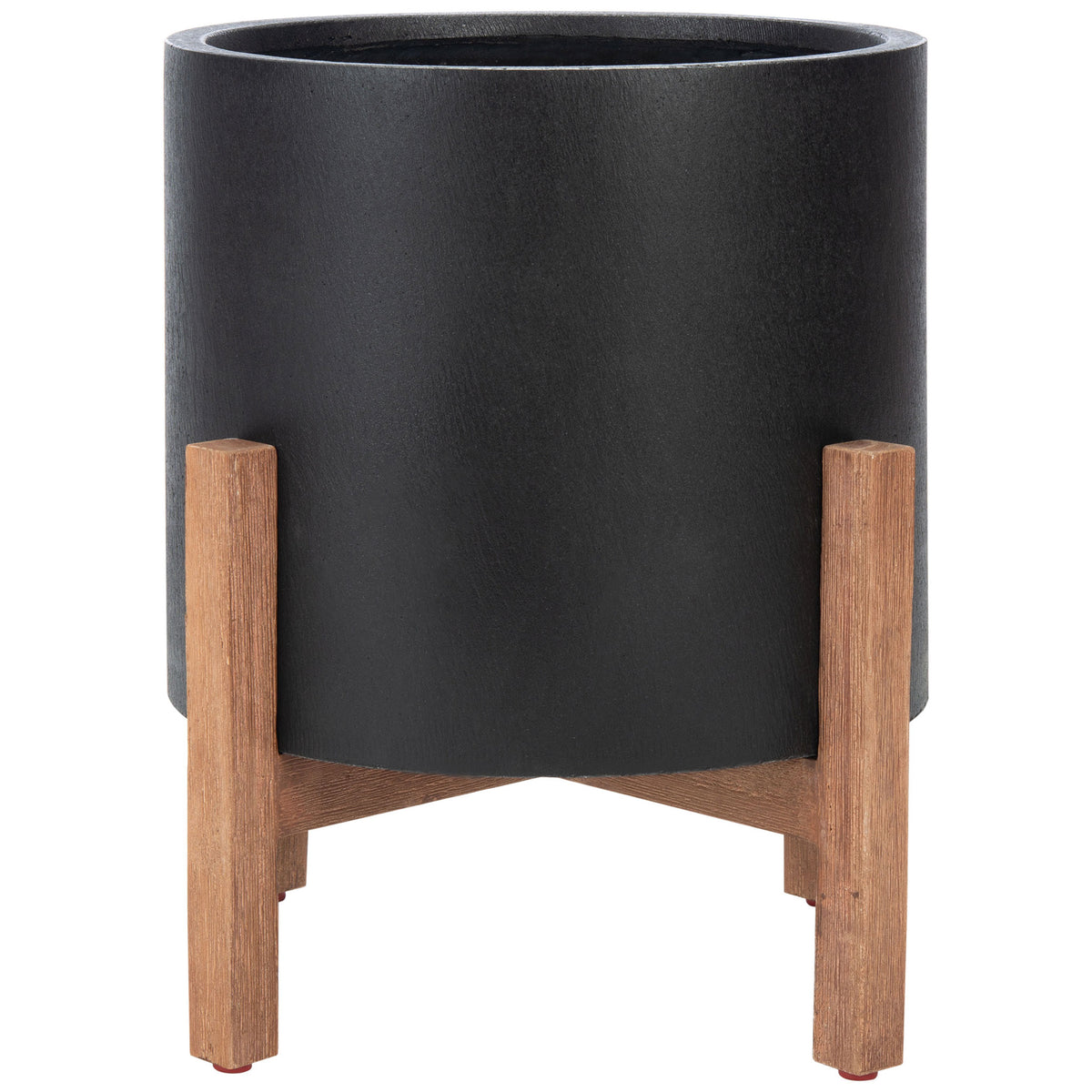 A smooth black pot contrasts with the wood-toned stand and open cross braces. || PAT1514A || side_studio