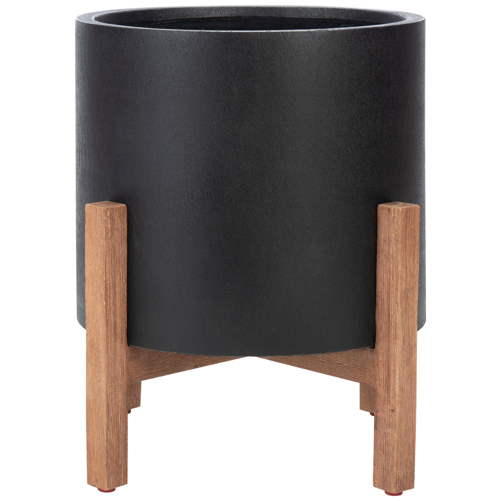 A smooth black pot contrasts with the wood-toned stand and open cross braces. || PAT1514A || side_studio