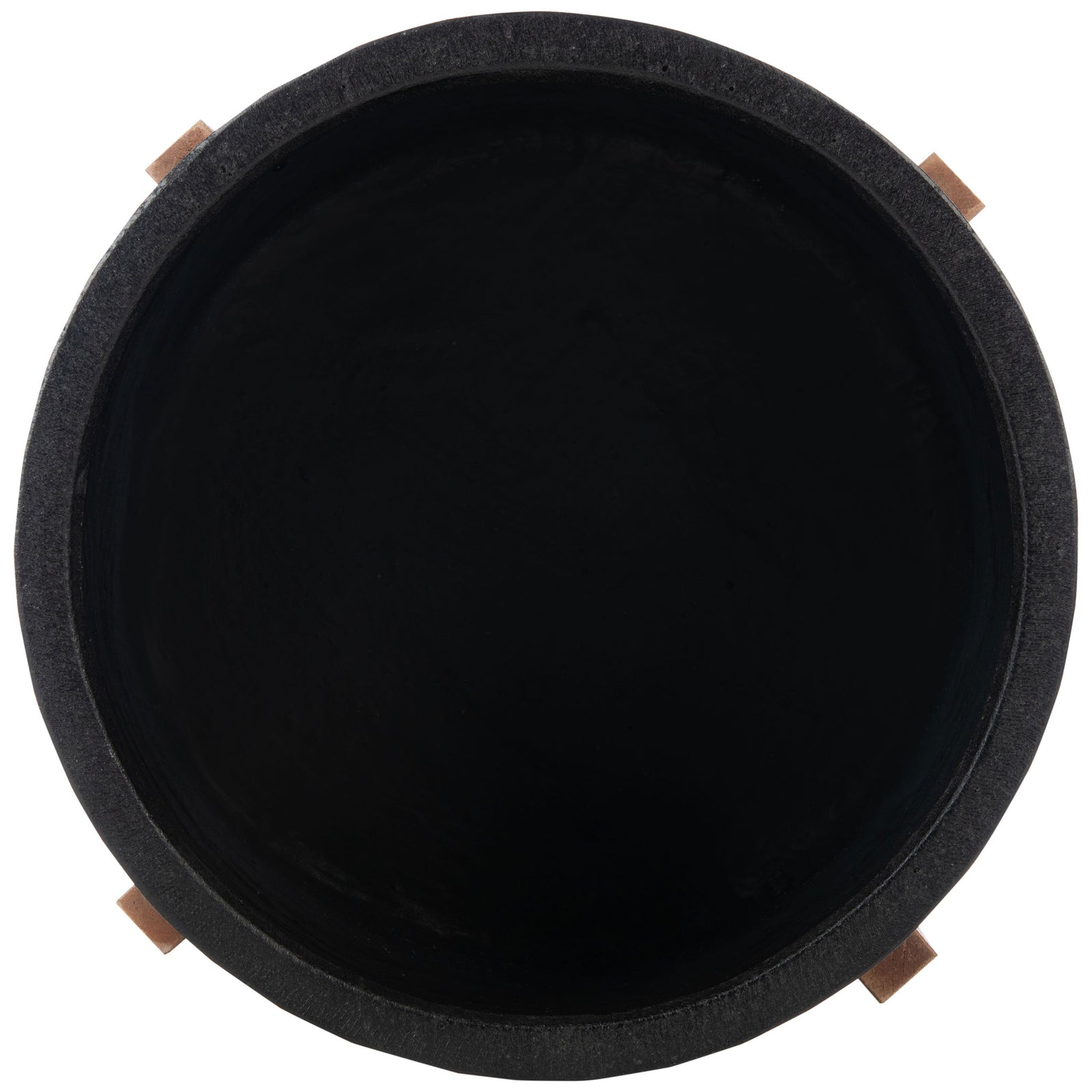 A wide circular opening reveals the dark interior of the raised black planter. || PAT1514A || top_studio