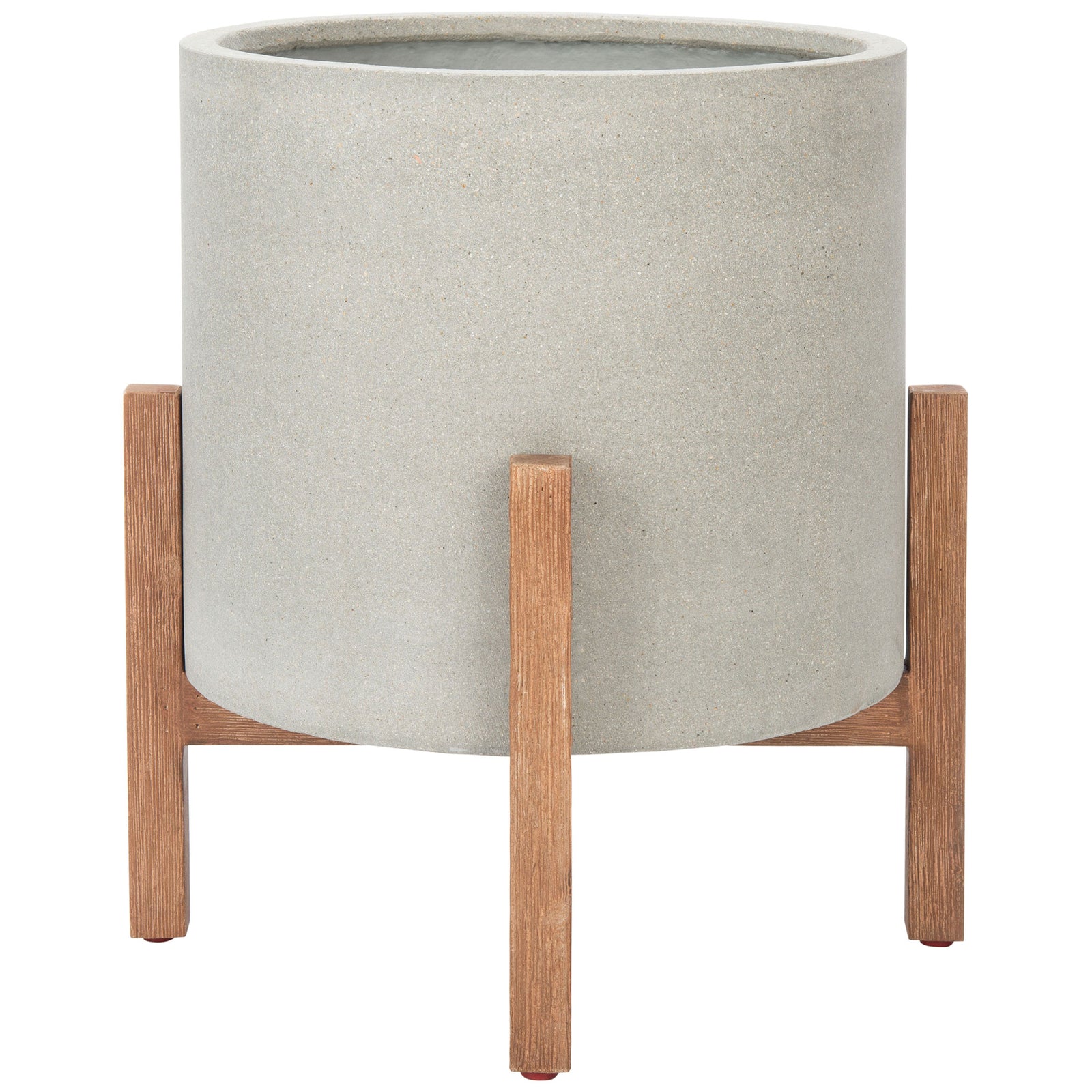 A light gray round planter pairs a speckled concrete finish with warm wood-grain legs. || PAT1514B || front_studio
